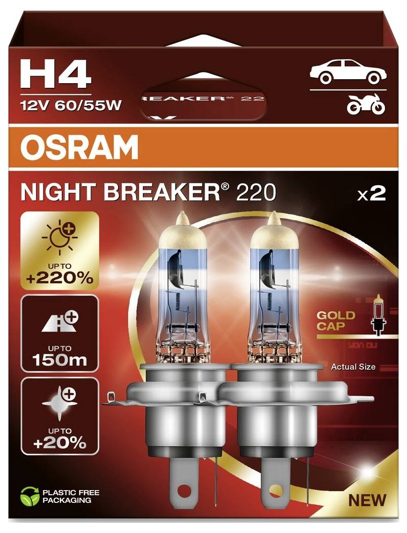 The packaging shows two OSRAM H4 bulbs 'Night Breaker 220' with enhanced light performance: 220% brighter, up to 150 m range, 20% whiter.