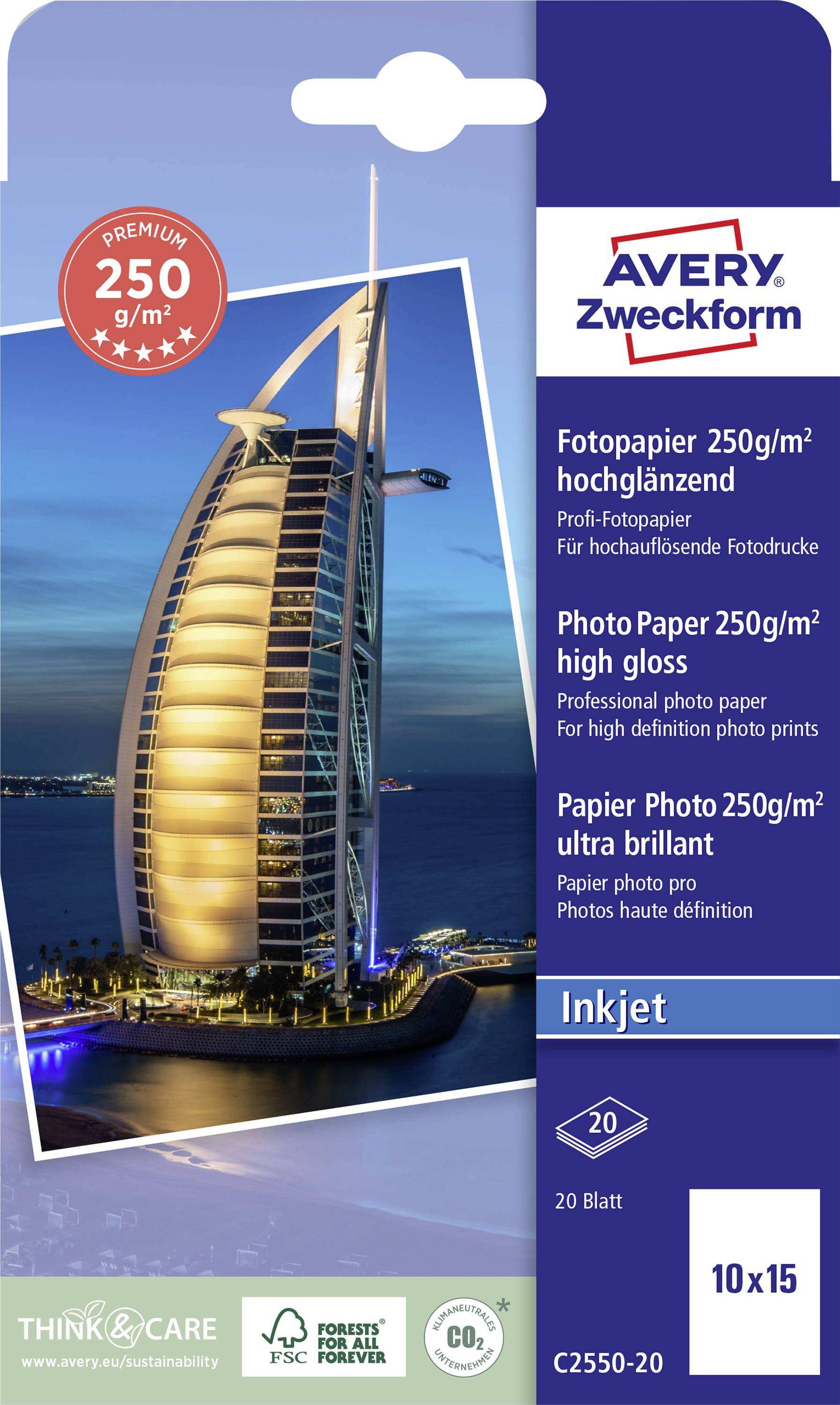 Packaging for an Avery Zweckform high-gloss photographic paper product, suitable for inkjet printers, 250 g/m², 10x15 cm, 20 sheets.
