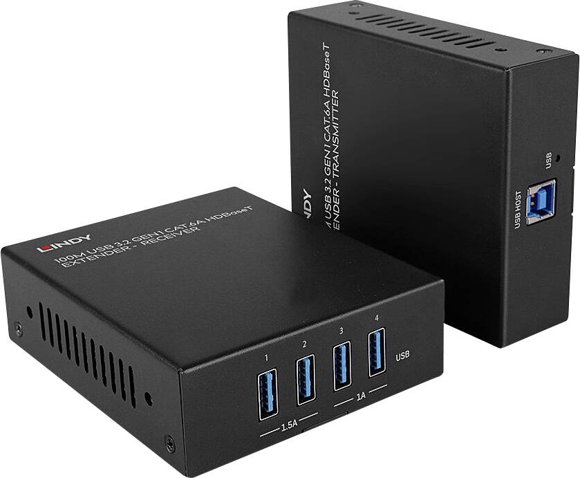 Two black computer devices with USB ports. One device displays 'HDMI 18.5G' and 'Scaler'. The other device shows 'USB 3.0' and 'HDBaseT Extender'.