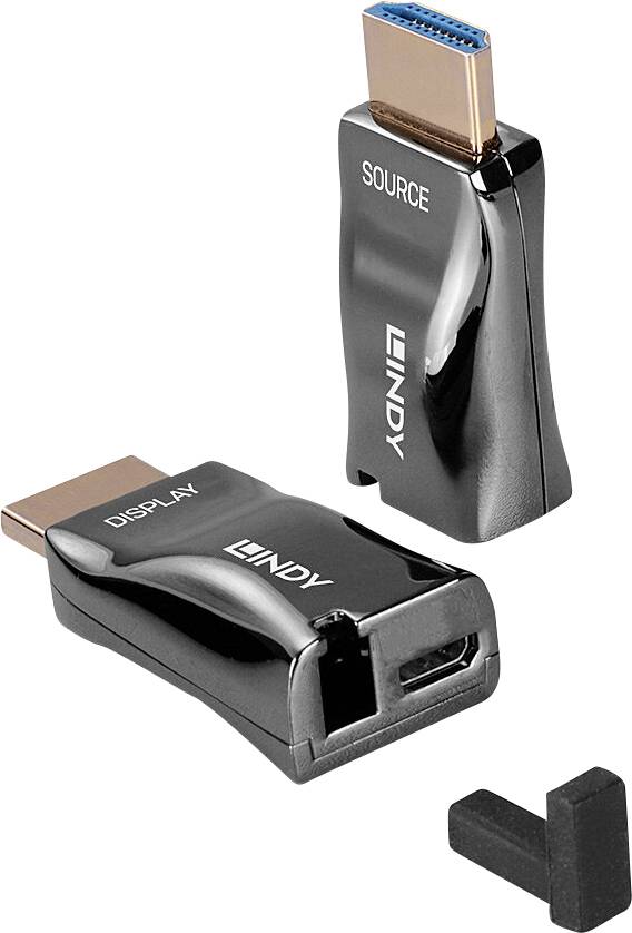 Two black HDMI extenders. One is labelled 'SOURCE', the other 'DISPLAY'. Used for signal transmission over HDMI.