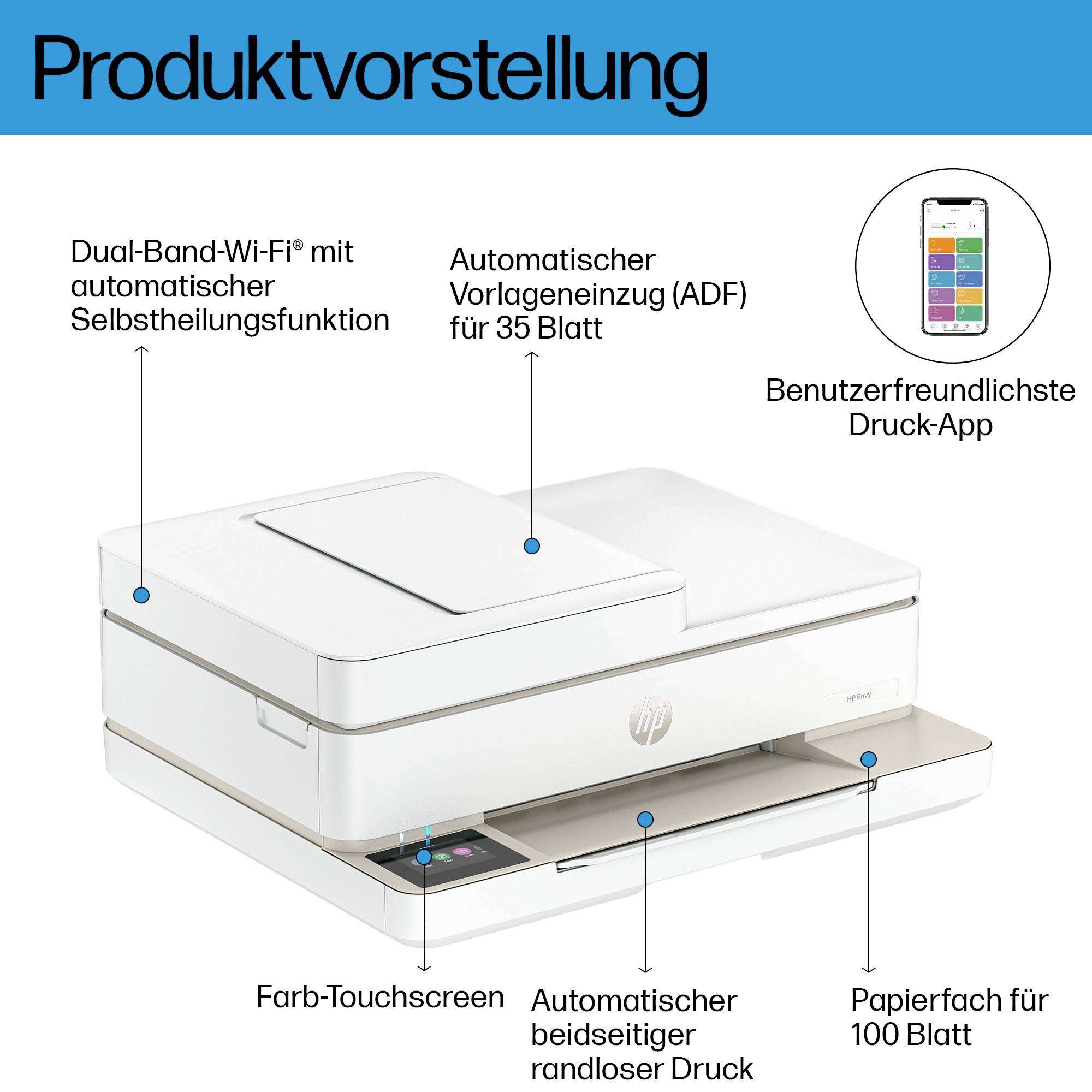 A printer with dual-band Wi-Fi and automatic self-healing. Includes an ADF for 35 sheets, colour touchscreen, and borderless printing.