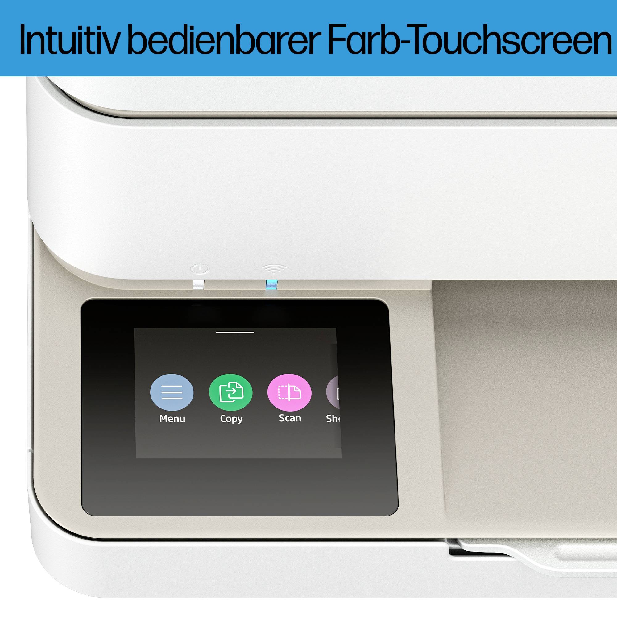 A printer with an intuitive colour touchscreen display. The display shows icons for 'Menu', 'Copy', 'Scan' and 'Settings'.