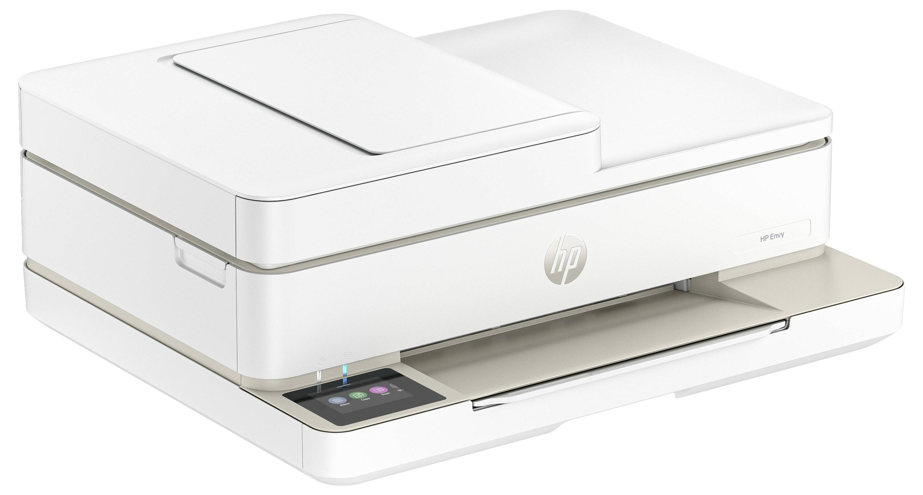 A white multifunction printer with an integrated scanner and control panel on the front, suitable for home offices.