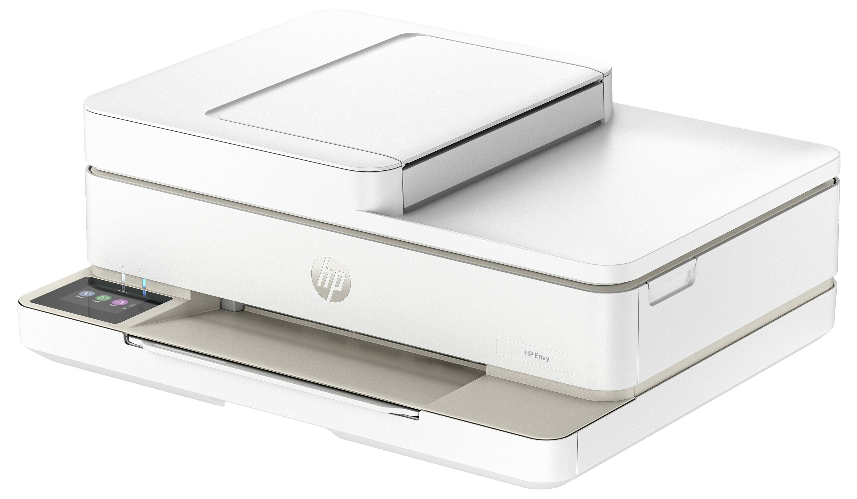 A white, modern printer with a flatbed scanner on top, side paper tray and a control panel on the front left.