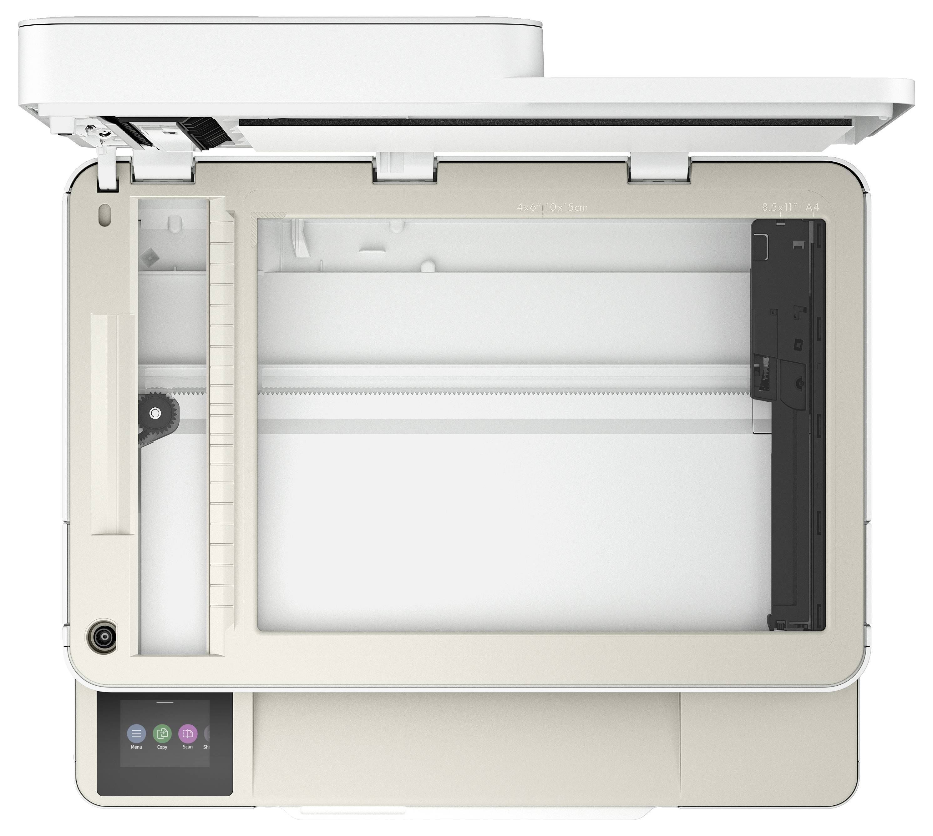 Printer viewed from above, with scanner bed open. A colour display is located in the bottom left corner.