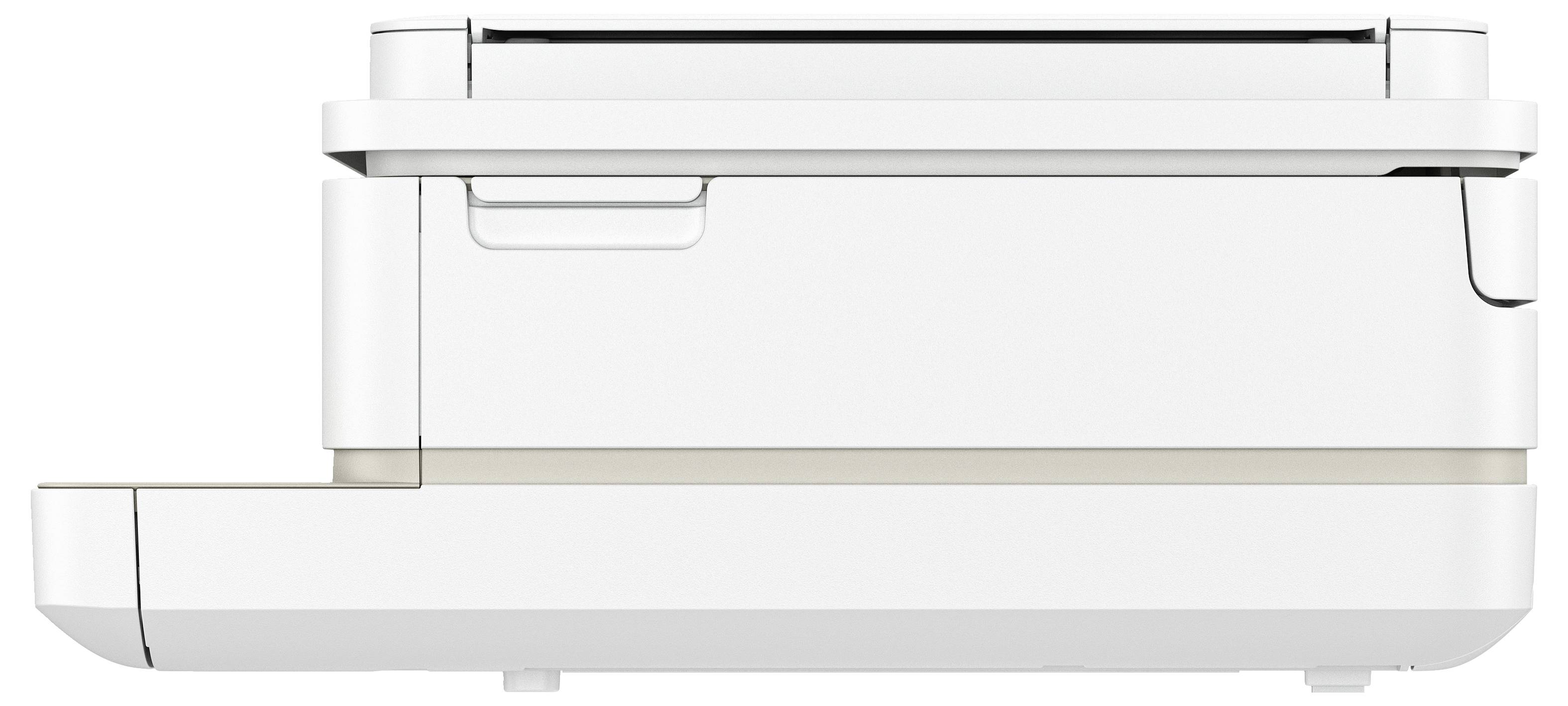 A white printer with modern design, side view, showing control panel and paper tray. Suitable for office applications.