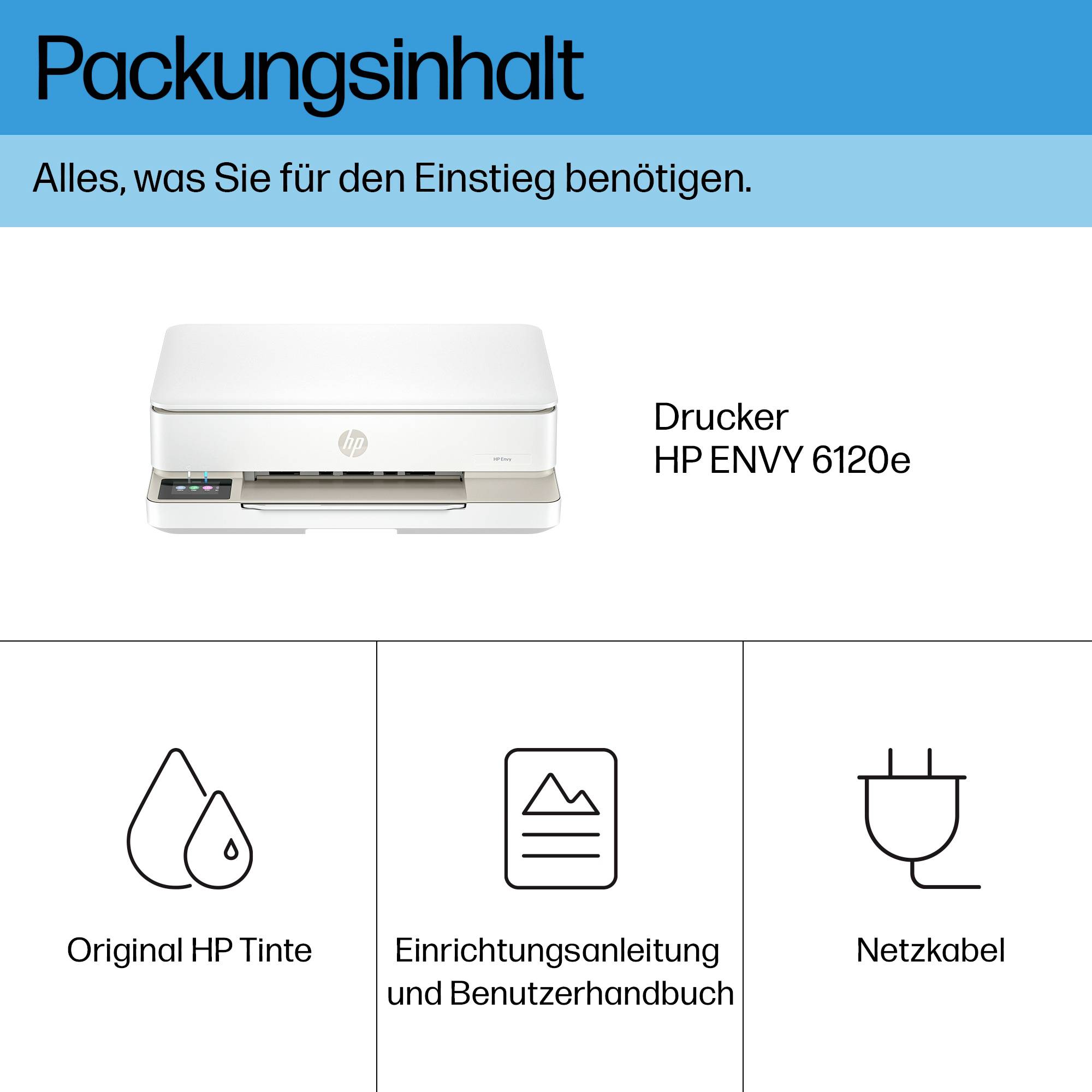 Package contents: HP ENVY 6120 printer, Original HP ink, Setup guide and user manual, Power cable.