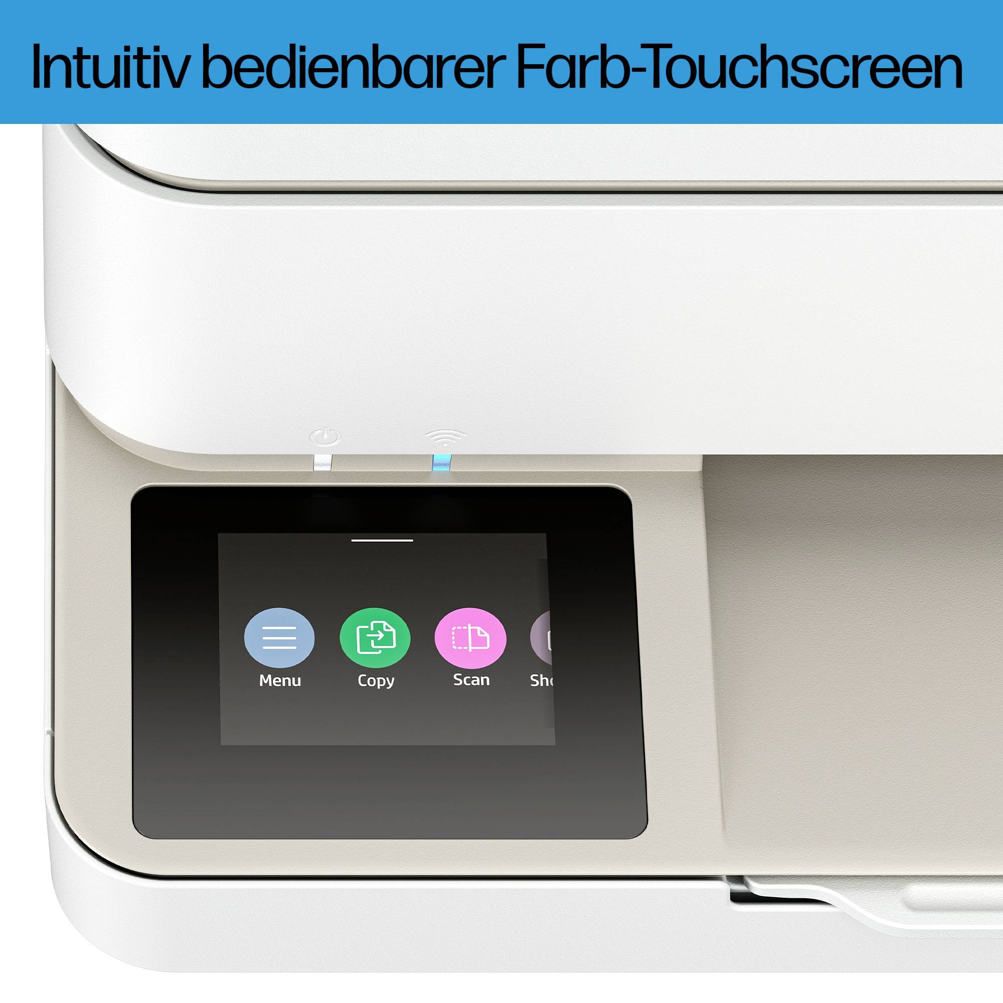 A printer with an intuitively operated colour touchscreen, displaying options such as 'Copy', 'Scan', and 'Settings'.