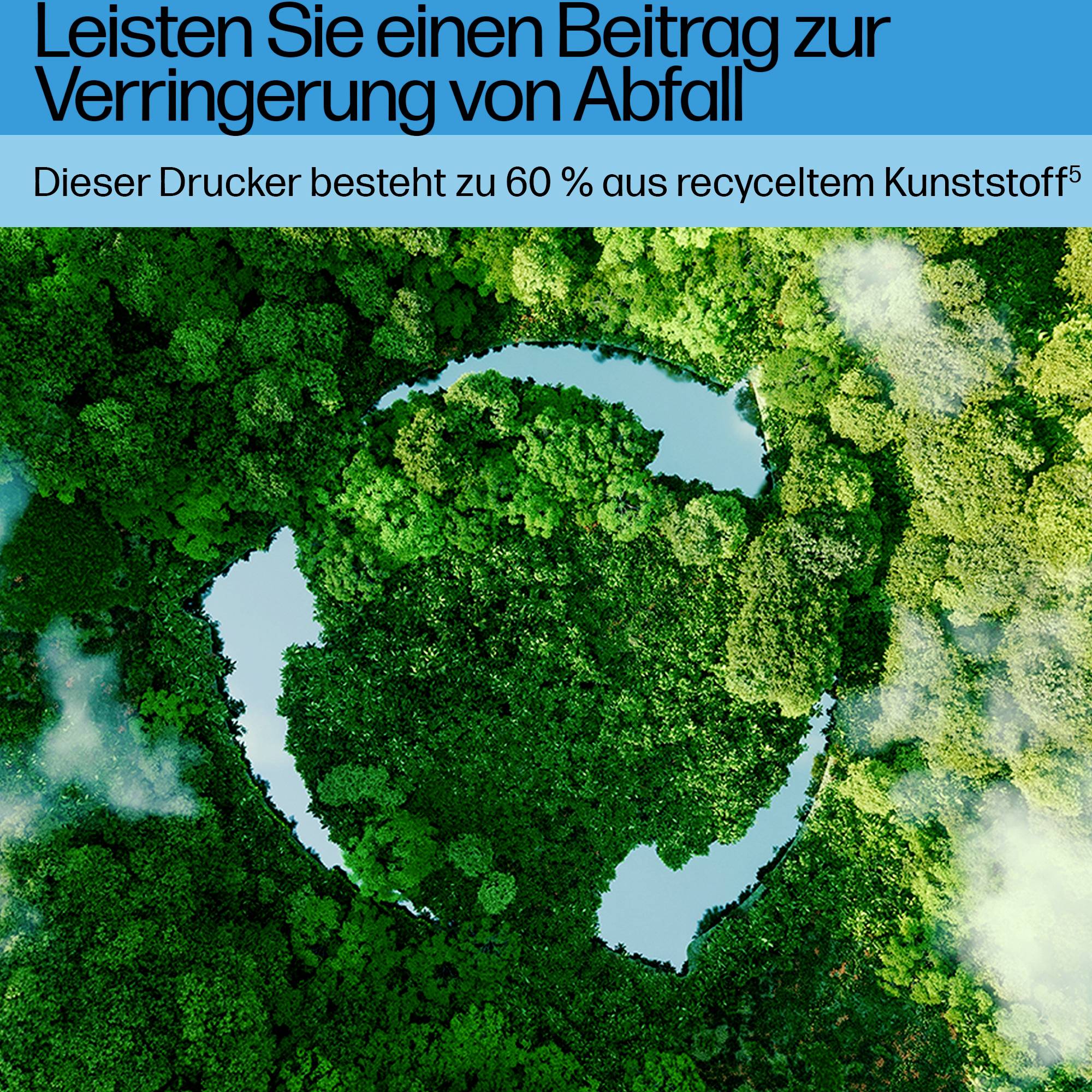 Aerial view of a green forest with a hole in the middle. Text at the top: Make a contribution to reducing waste. This printer is made from 60% recycled plastic.