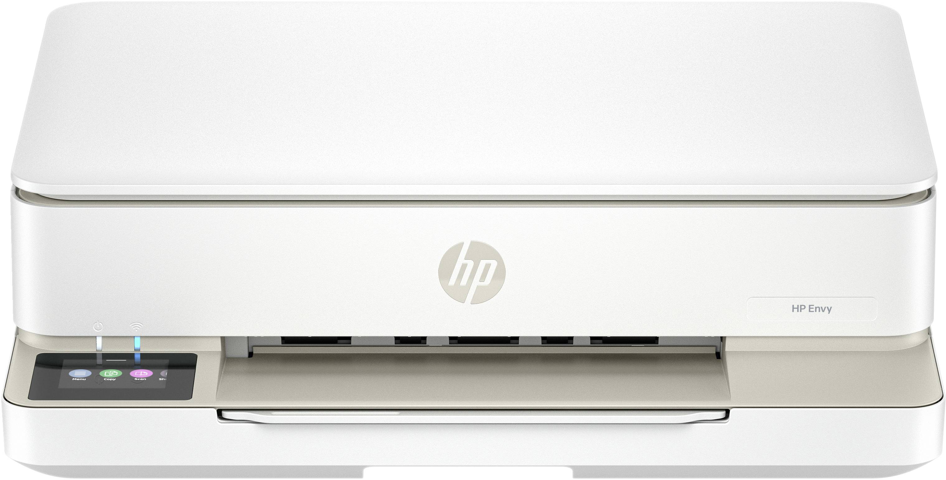 A white HP Envy printer sits on a surface. Coloured print buttons for operation are located on the front.