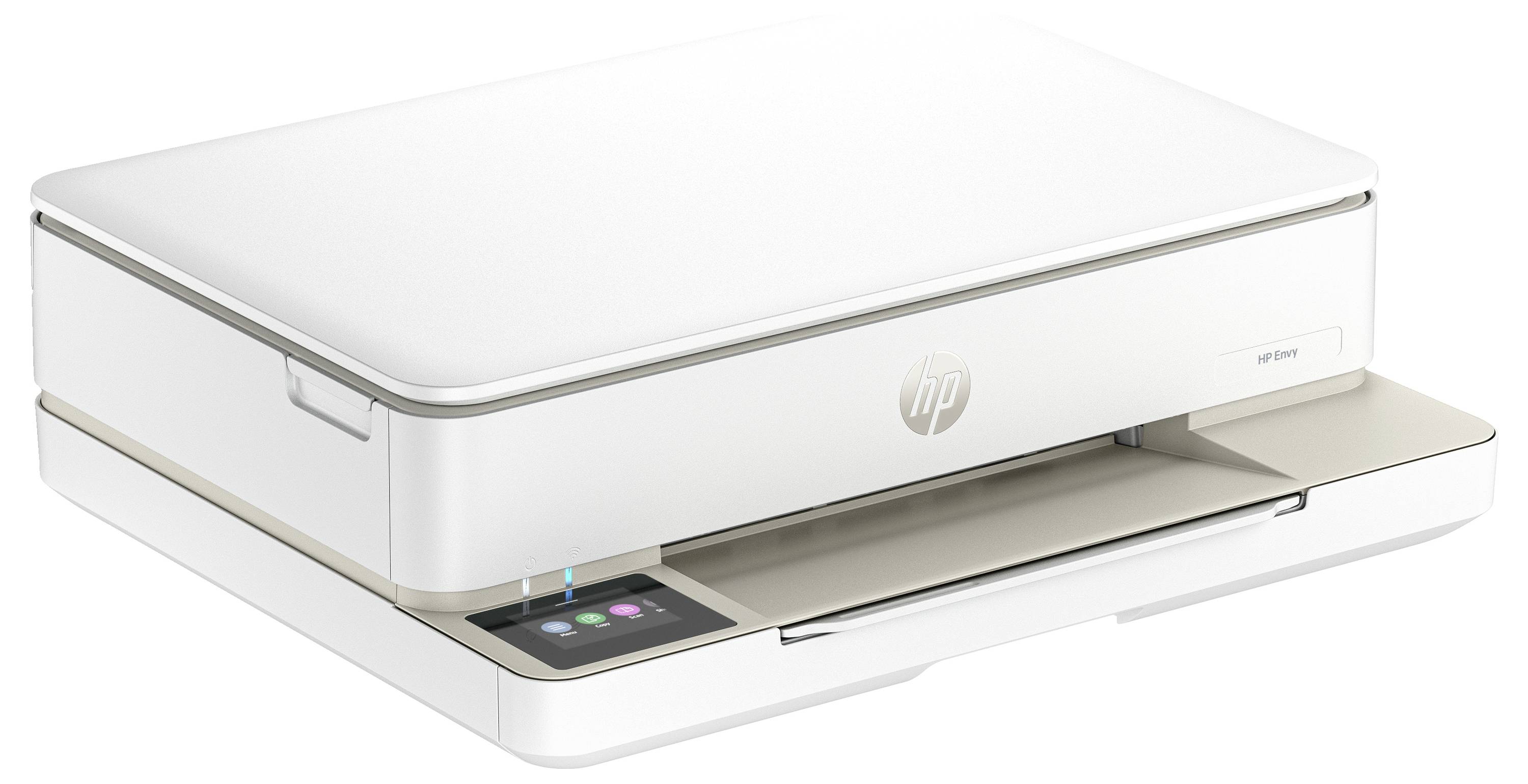 A modern, white printer with a minimalist design and touch control panel, suitable for home office use.