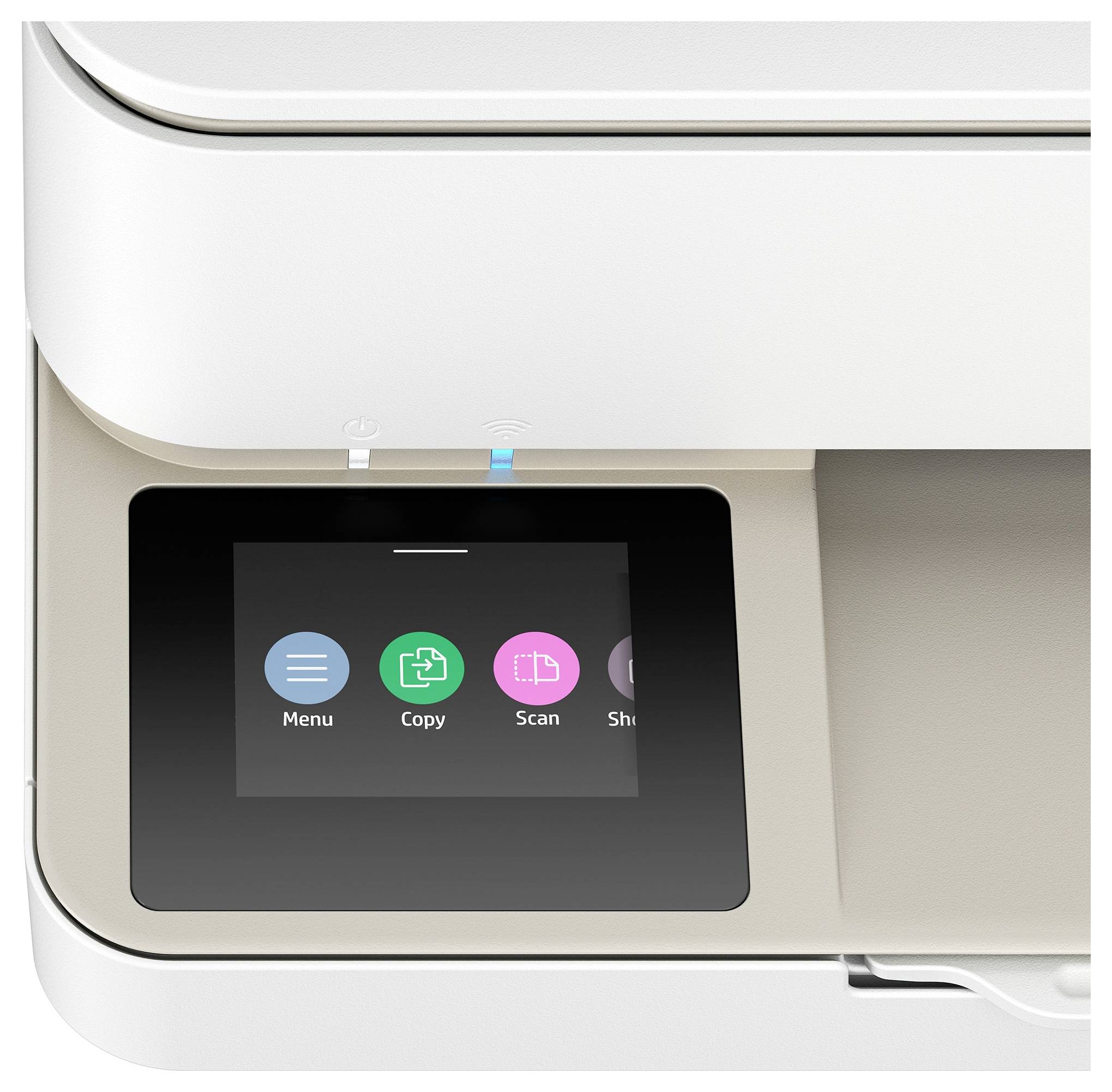 A printer with a touchscreen display shows various options: 'Menu', 'Copy', 'Scan', 'Settings'.