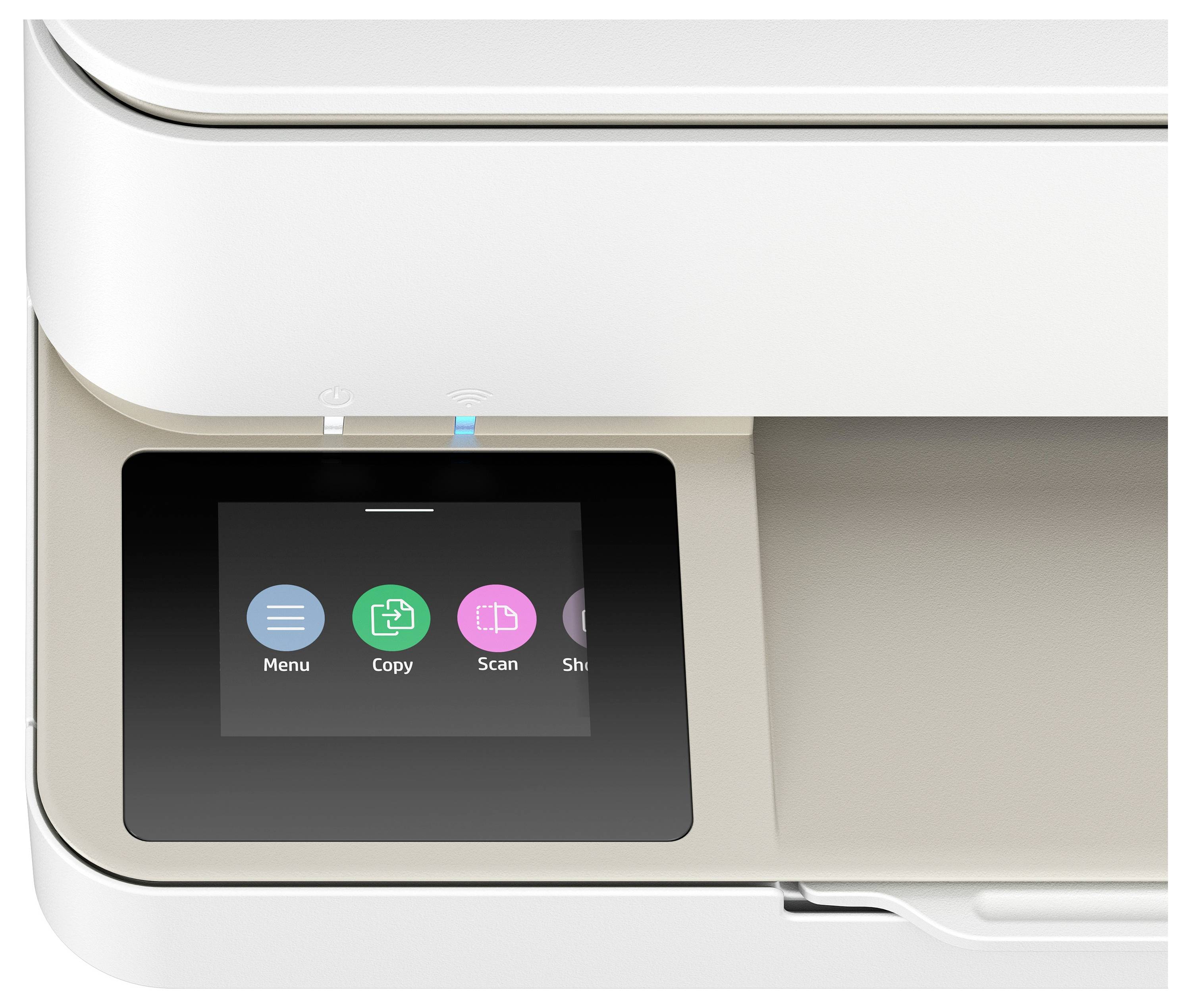 A multifunction printer with a touchscreen, displaying icons for 'Menu', 'Copy', 'Scan' and 'Settings'.