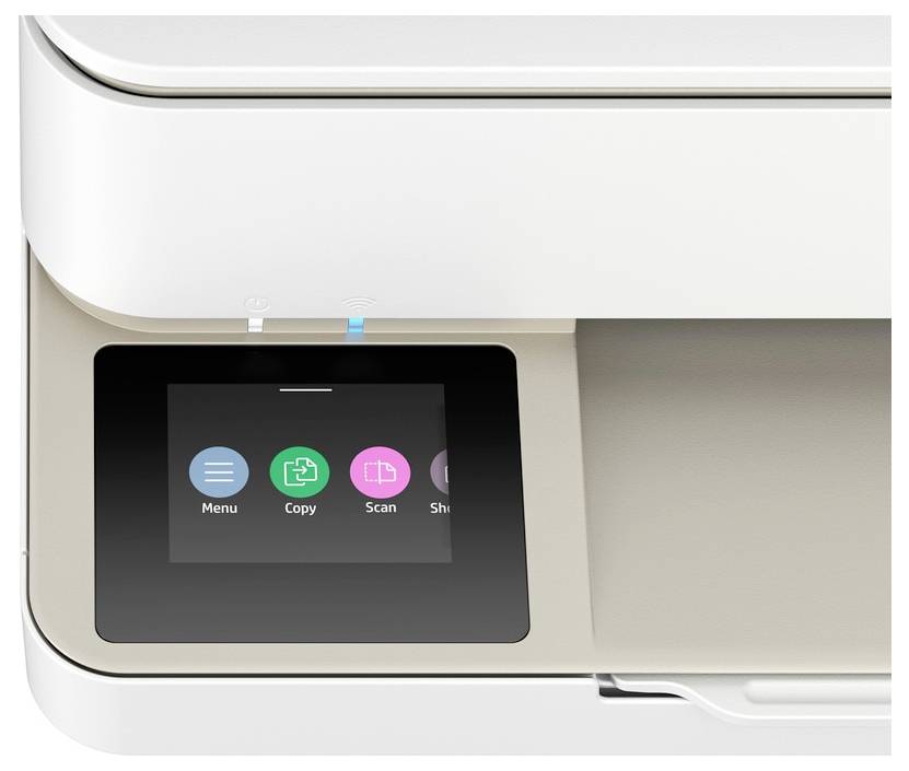 A printer with a touchscreen display shows options: 'Menu', 'Copy', 'Scan', 'Settings'.