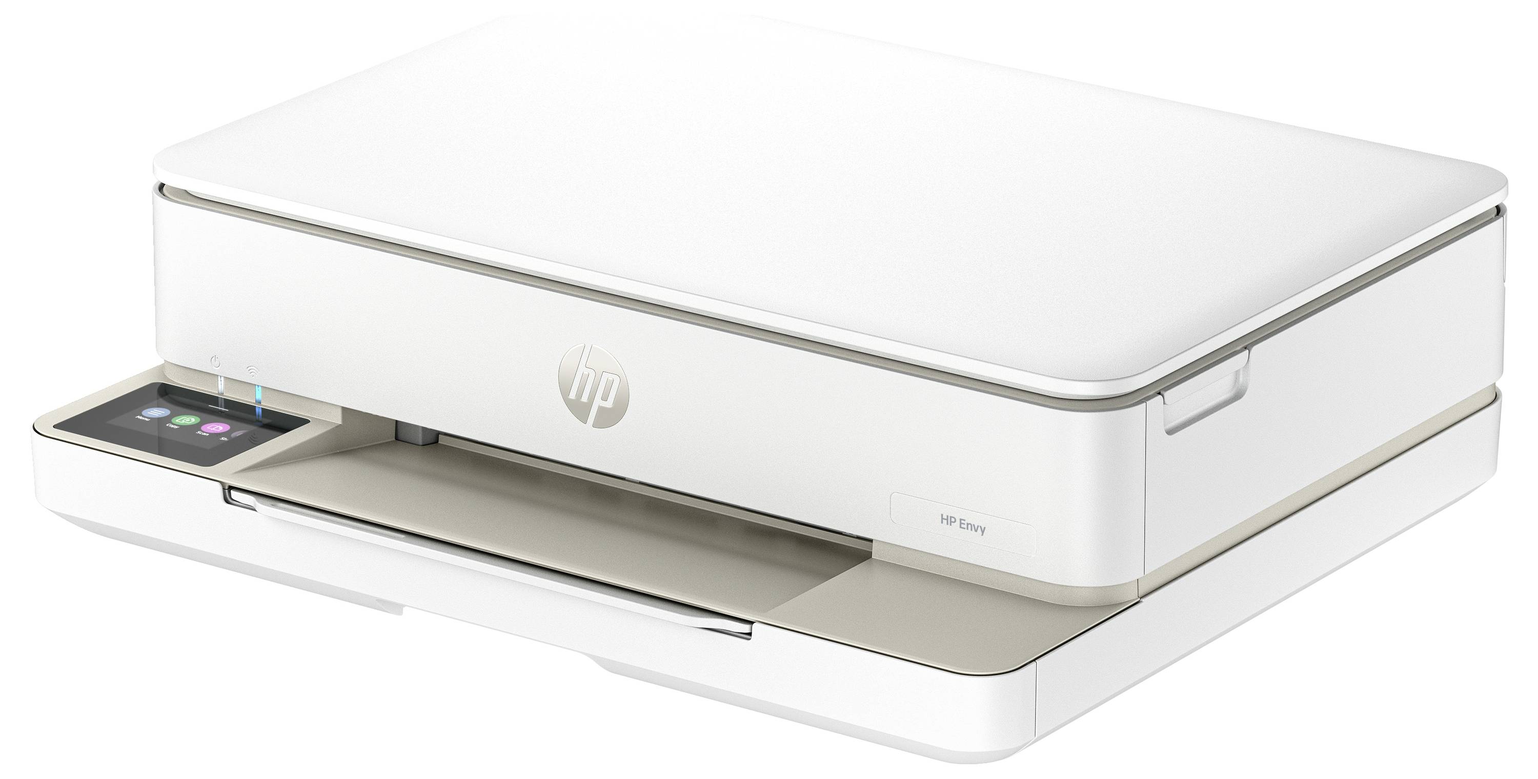 A white printer with a sleek design and a control panel on the left side, suitable for home use or small offices.