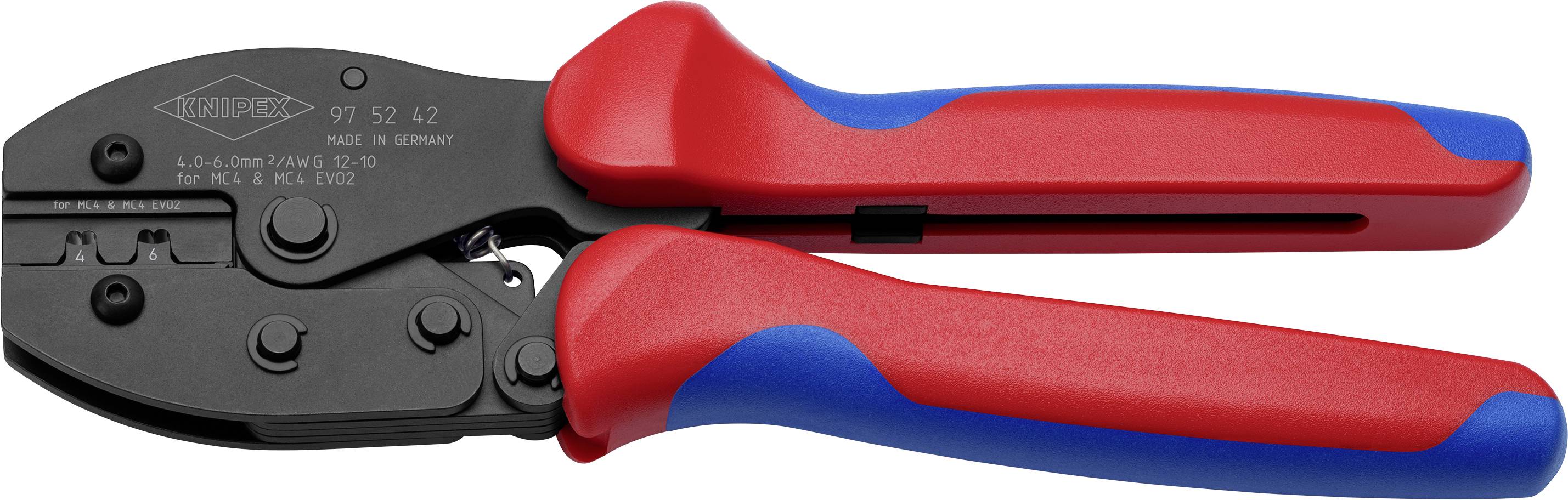 A red and blue crimping pliers for connecting cables and connectors, showing the handle design and mechanical press.
