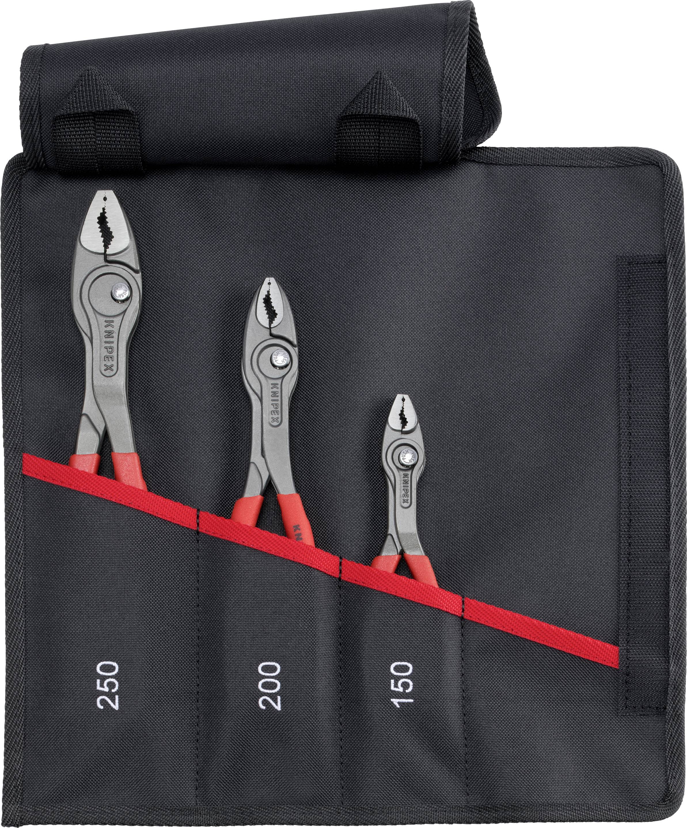 Three water pump pliers in different sizes (250, 200, 150 mm) in a black bag with red stitching.
