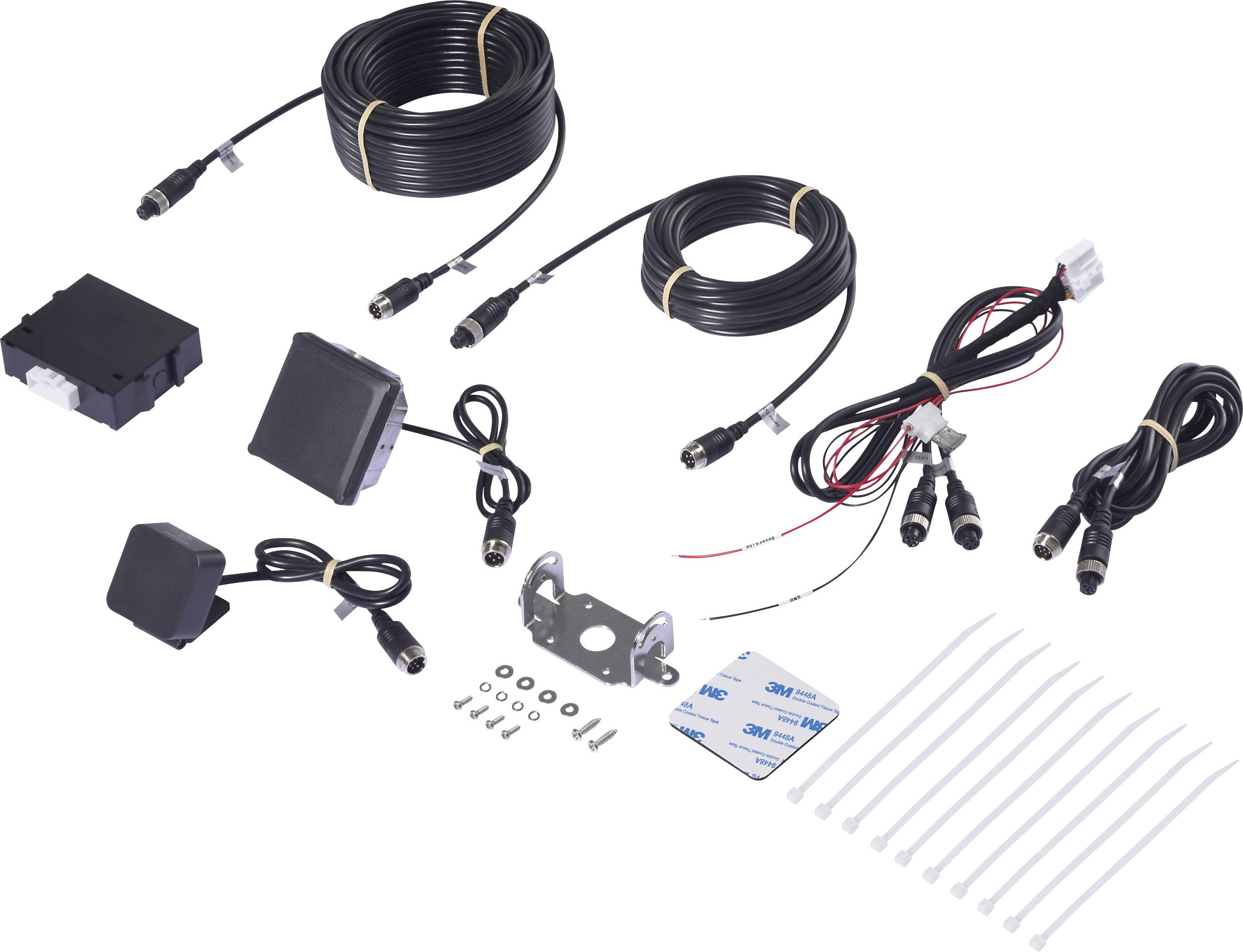 Parking Assistance Kit with cables, sensors, mounting bracket, screws, double-sided adhesive tape, and cable ties, for vehicle installation.