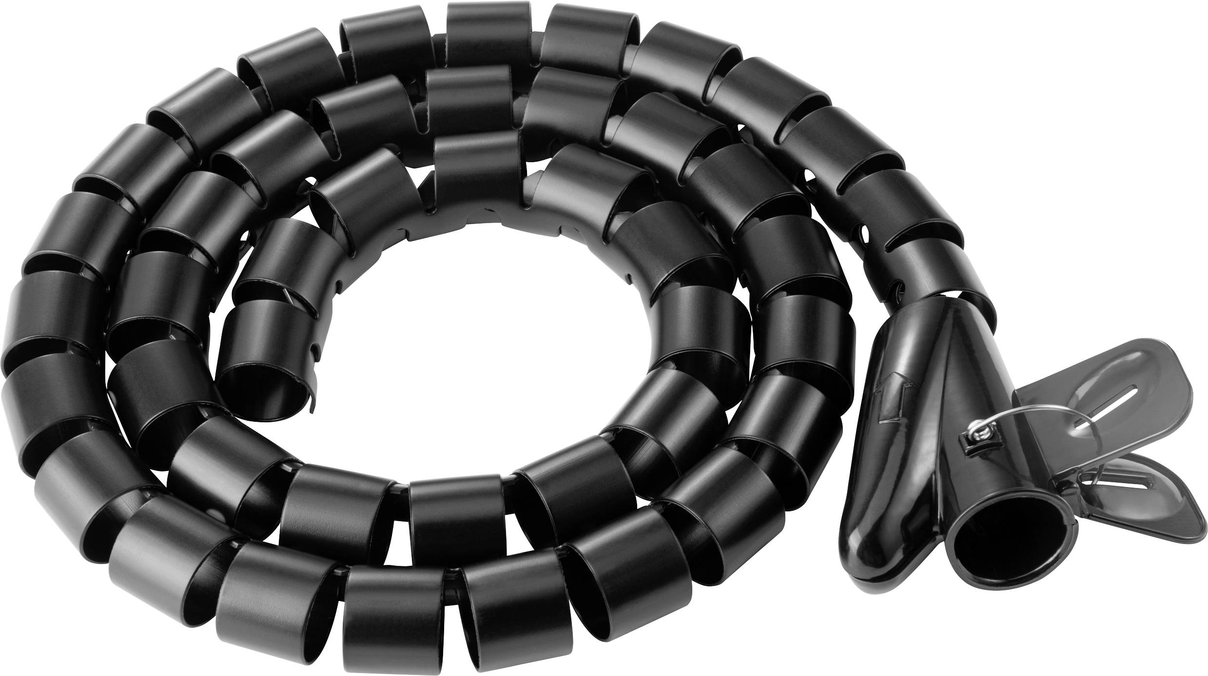 A black cable trunking, rolled up with a smooth surface, for tidy bundling and routing of cables in offices or at home.