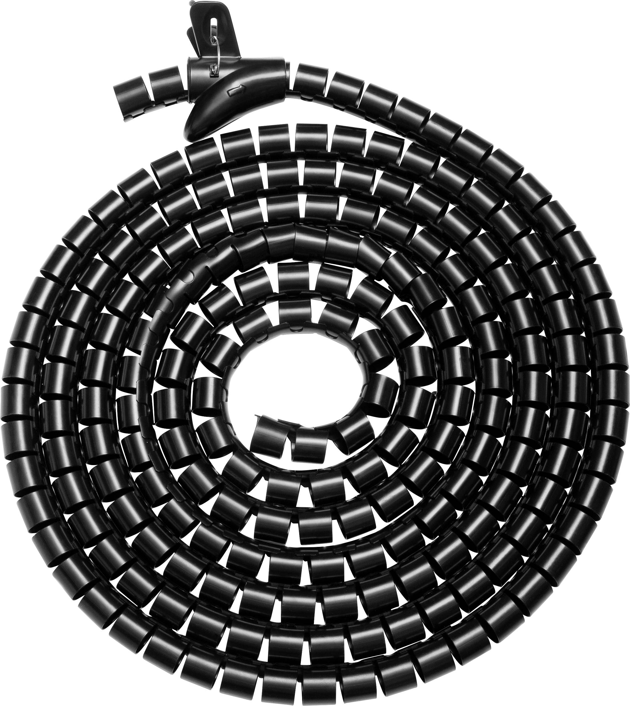 Black spiral cable trunking, used for organising and bundling computer cables.