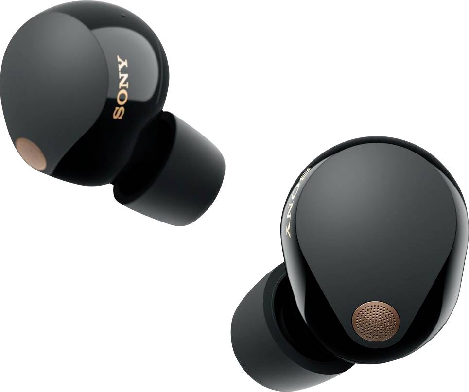 Black wireless in-ear headphones with orange brand logo and microphone on the outer side.