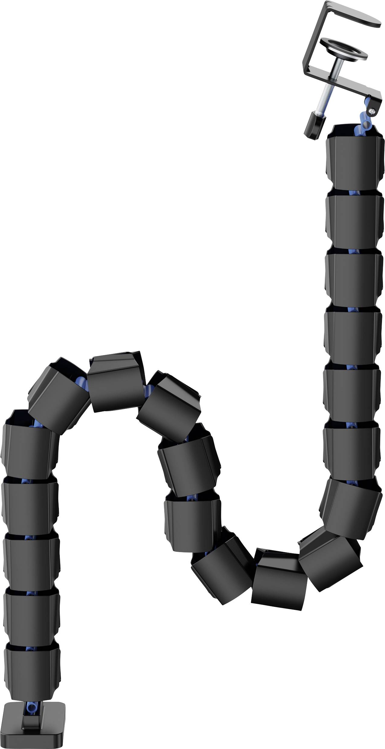 Multi-segment, flexible robotic arm with several black segments extending in a curved configuration, terminating at a gripping mechanism.