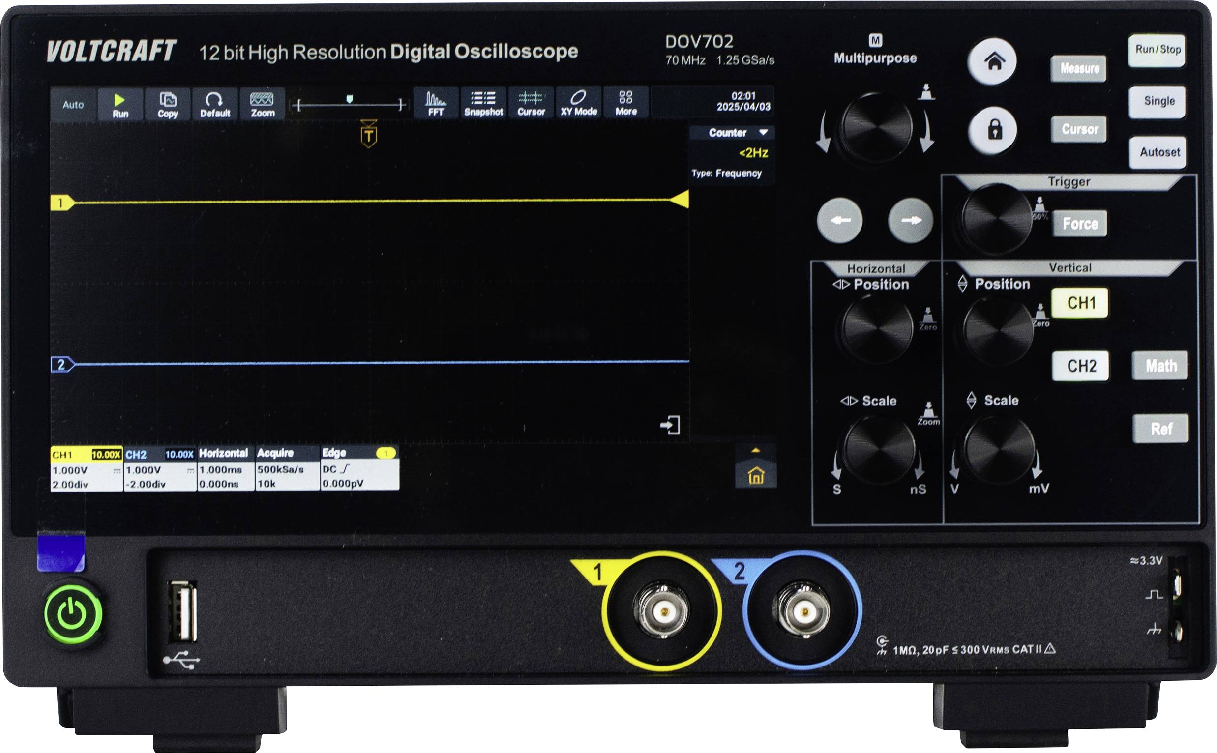 Digital oscilloscope with screen displaying signal waveforms. There are multiple buttons and connections for control and connectivity.
