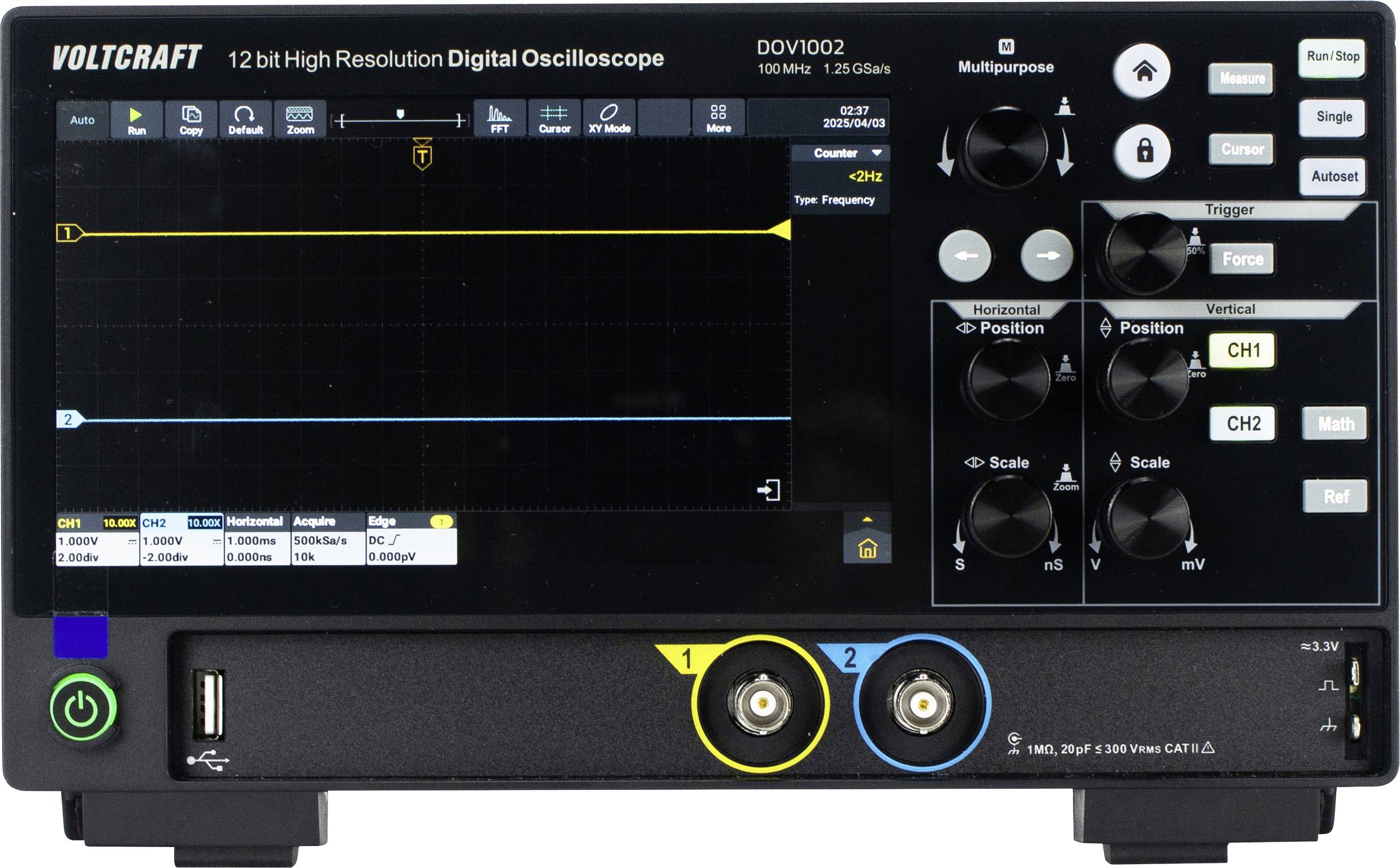A digital oscilloscope with a screen displays a graphical representation of an electrical signal. Buttons and connectors are visible.