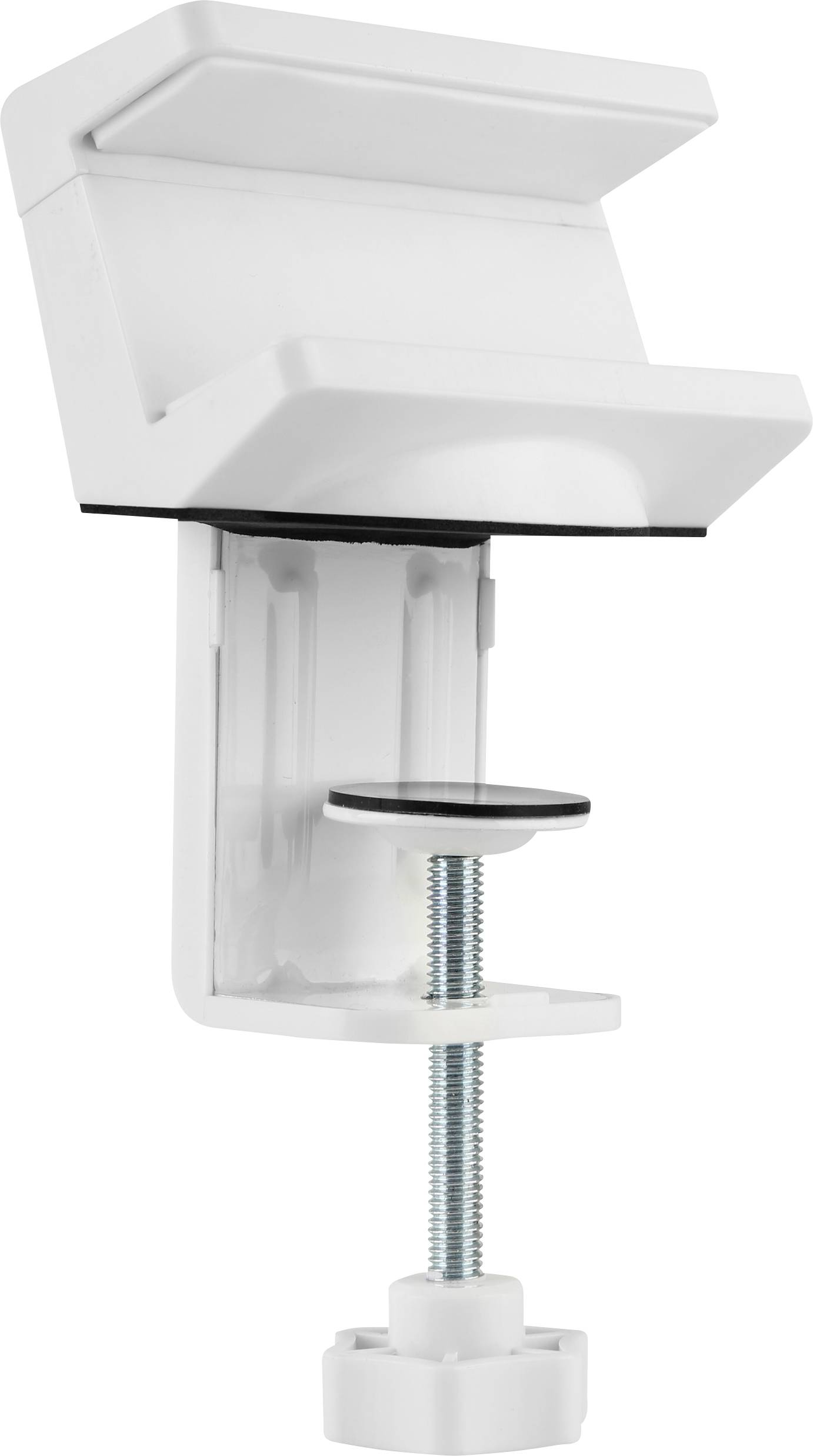 A white desk clamp with an adjustable screw, suitable for attaching lamps or monitor arms to desks.