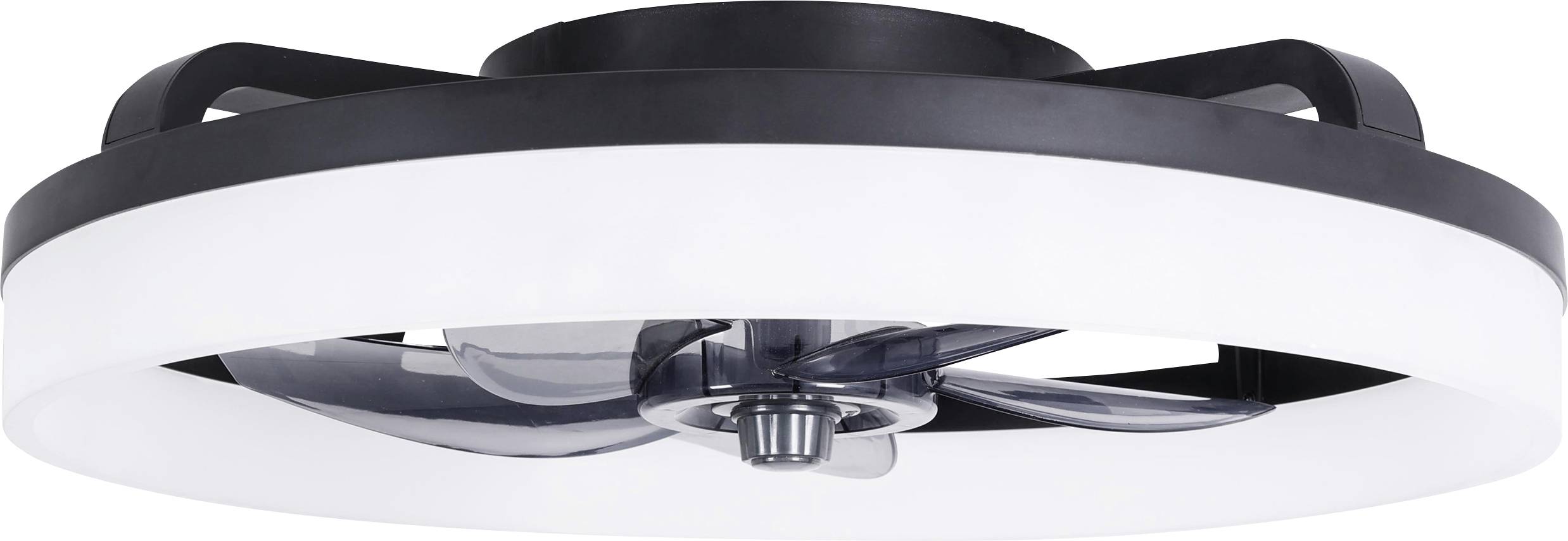 Ceiling fan with circular LED light and black housing, modern design.