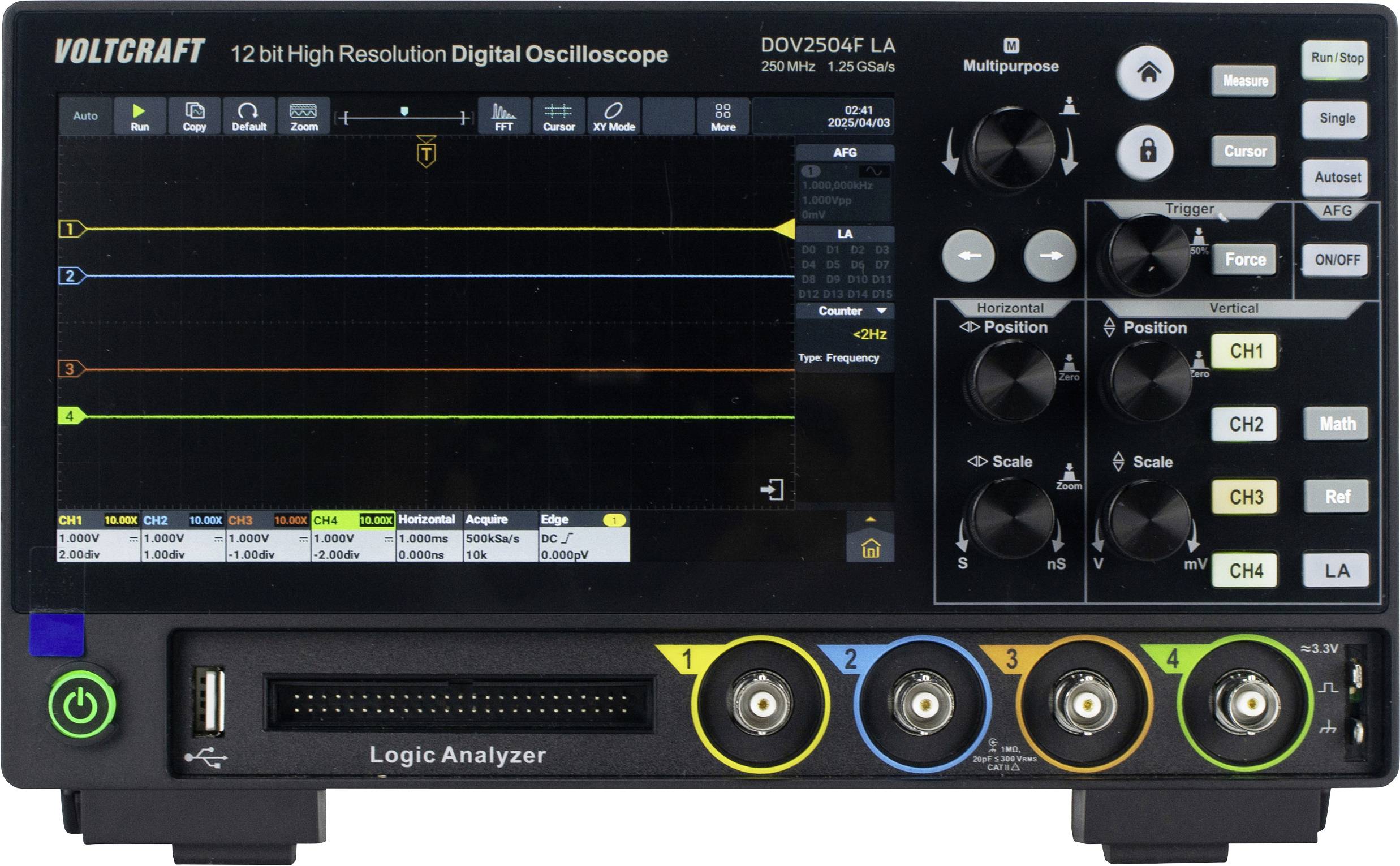 Digital oscilloscope with screen displaying electrical signals as waveforms; controls and connections visible.