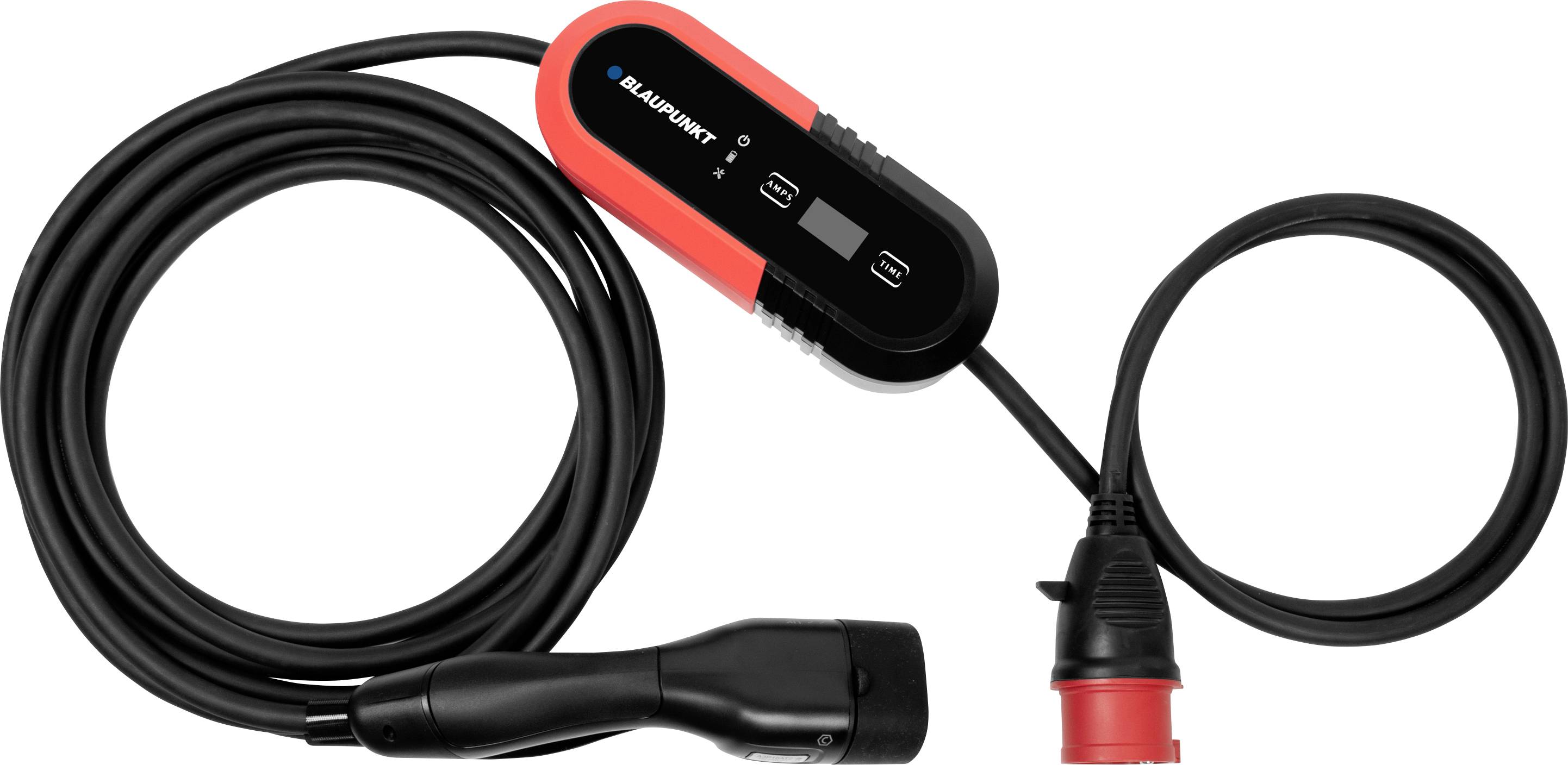 Charging cable for electric vehicles with control box and plug connections. Brand name visible on the control box.