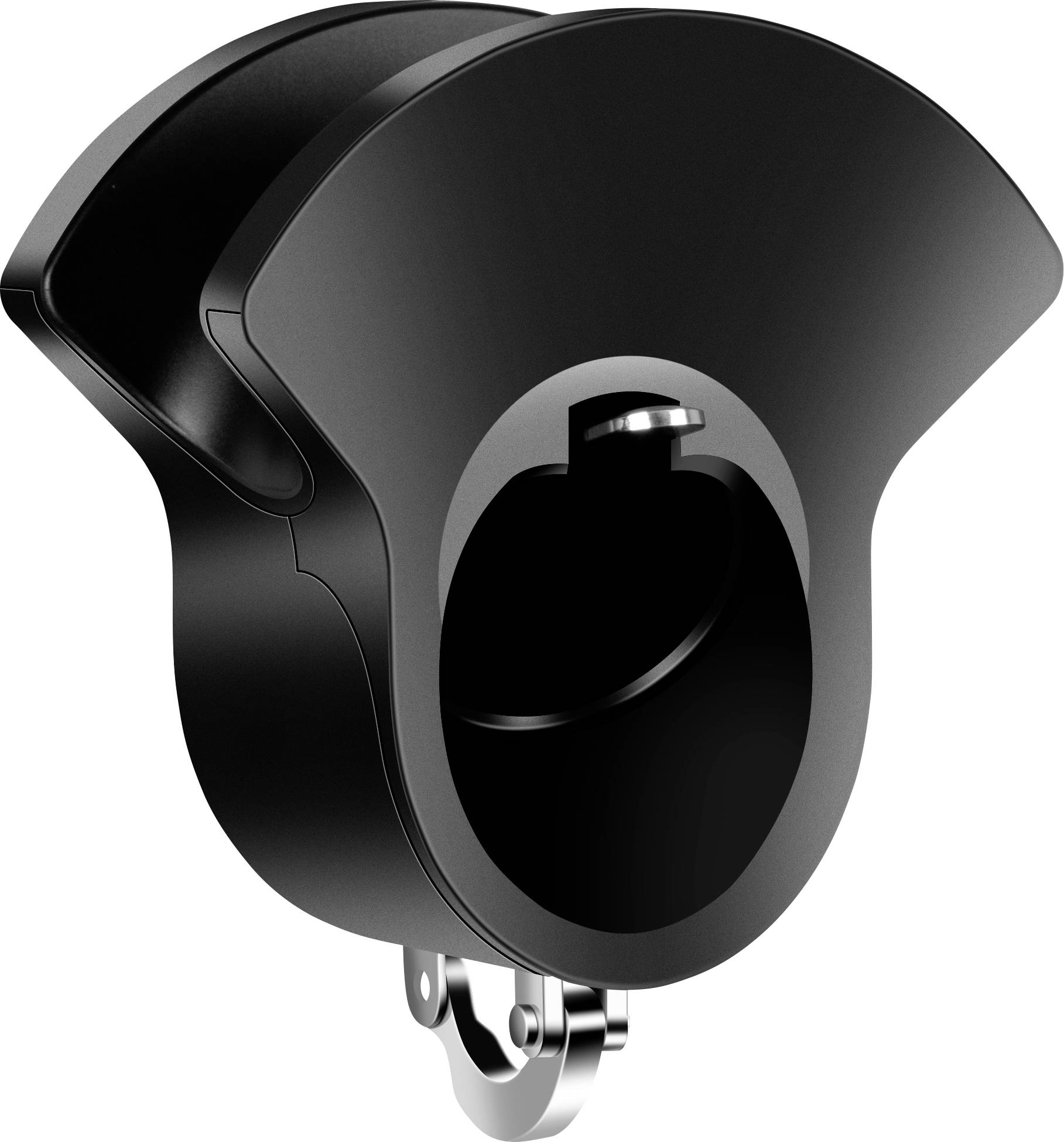 Black, curved wall or desk device with a metallic mounting clip and an oval opening, most likely a holder or organiser.