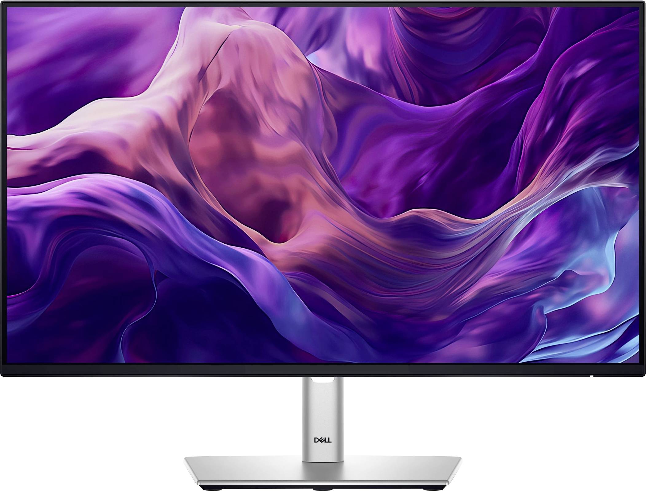 Monitor with an abstract background in shades of purple and pink. Dell logo at the bottom of the frame.