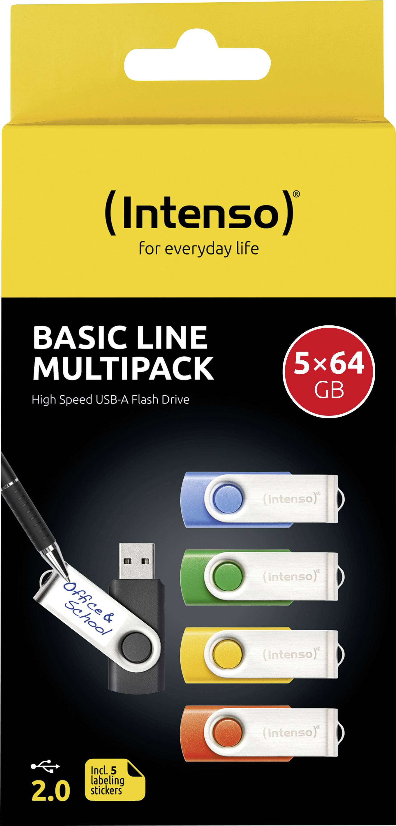 Packaging of Intenso USB Drives Basic Line Multipack, 5x 64 GB. Four coloured USB drives and one pen pictured.