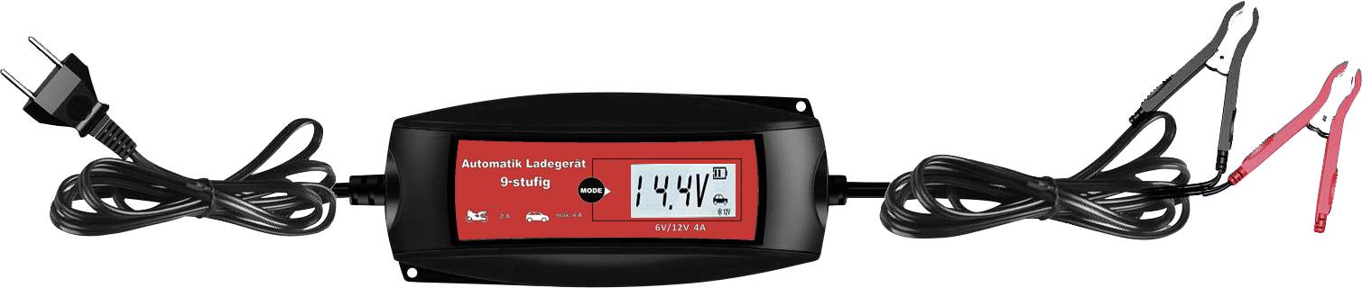Battery charger with display showing 14.4 V. On the left is a mains cable with plug, on the right are black and red clamps.