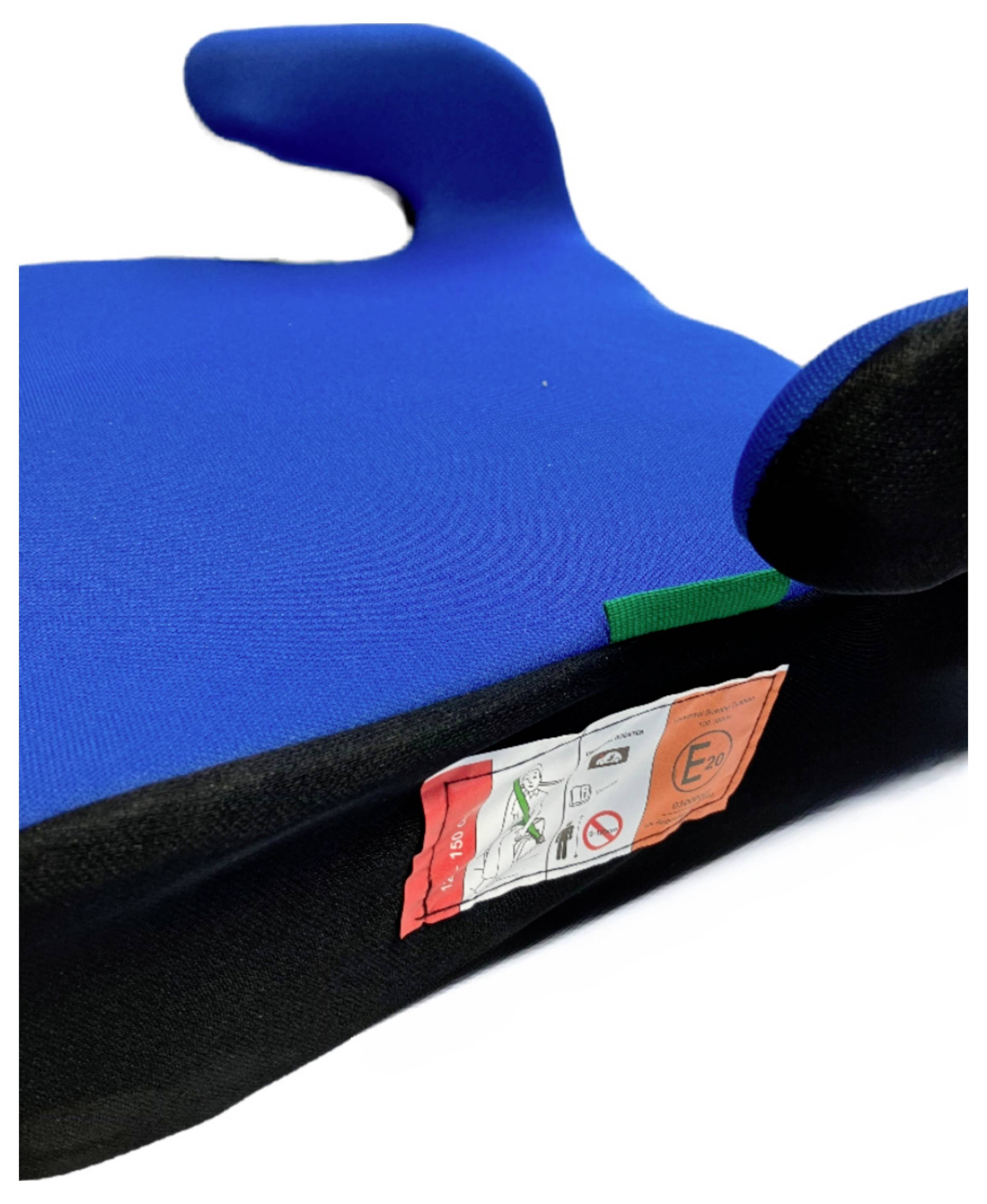 A blue child booster seat with attached safety and usage label.