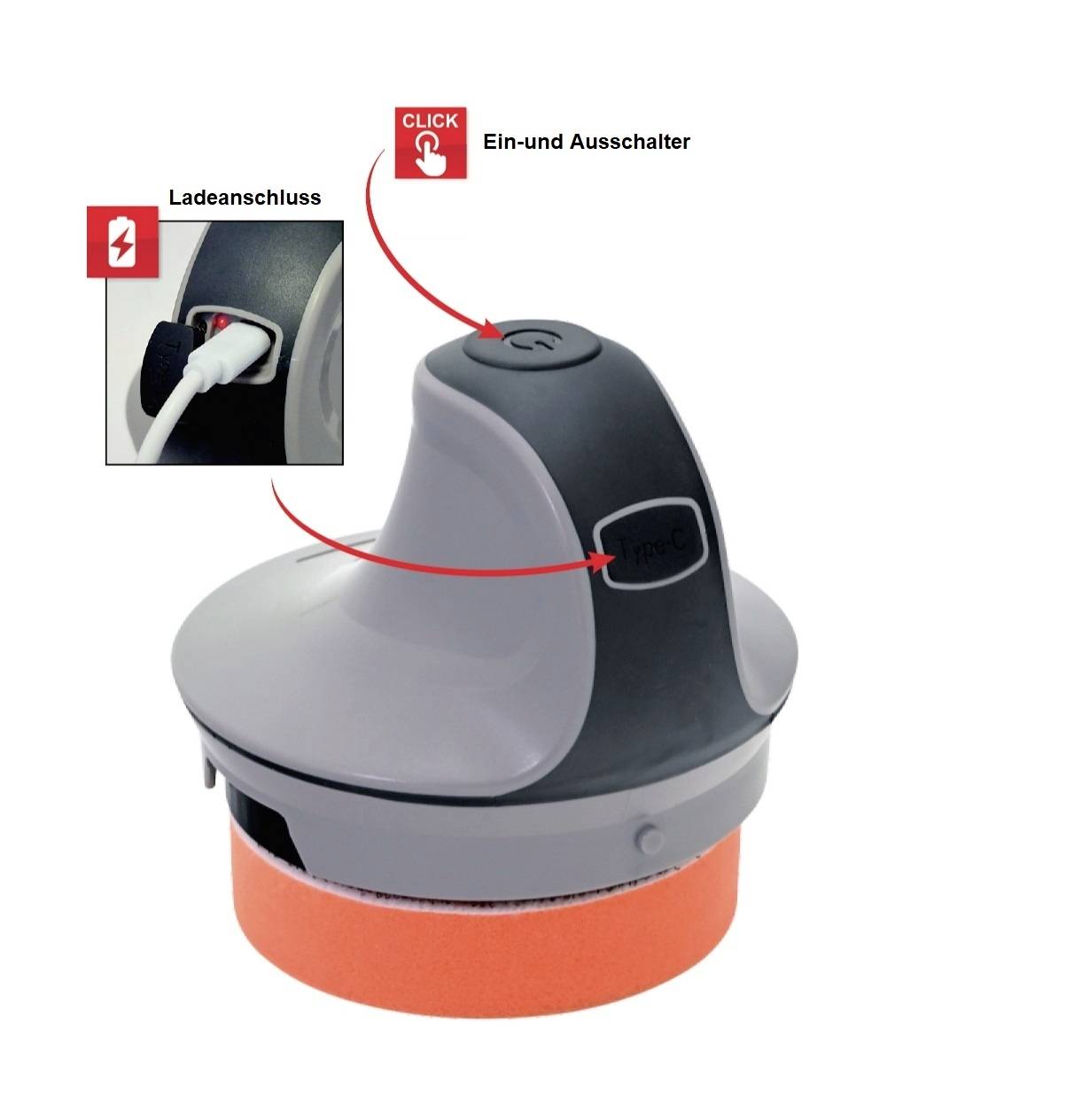 Electric device with power button on top and charging port on the side. Reduces effort during use.