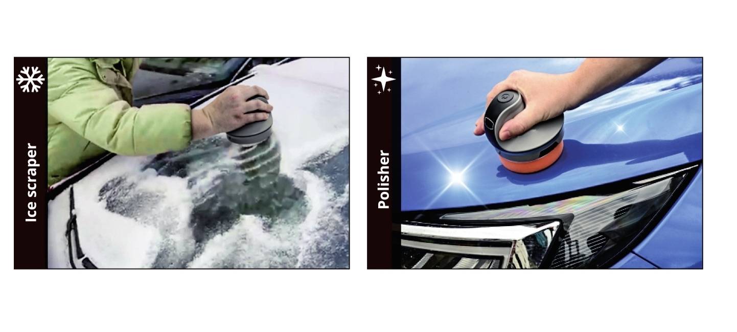 Links: A person removes ice from a car windscreen with an ice scraper. Right: A person polishes a car with a polishing tool.