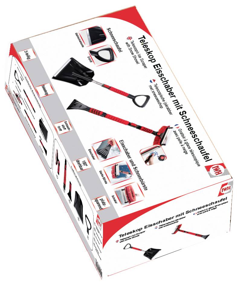 Packaging for a telescopic ice and snow shovel. Shows product images, application options, and brand name.