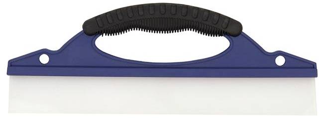 Blue window squeegee with black rubber handle. Suitable for removing water to create clean, streak-free surfaces.