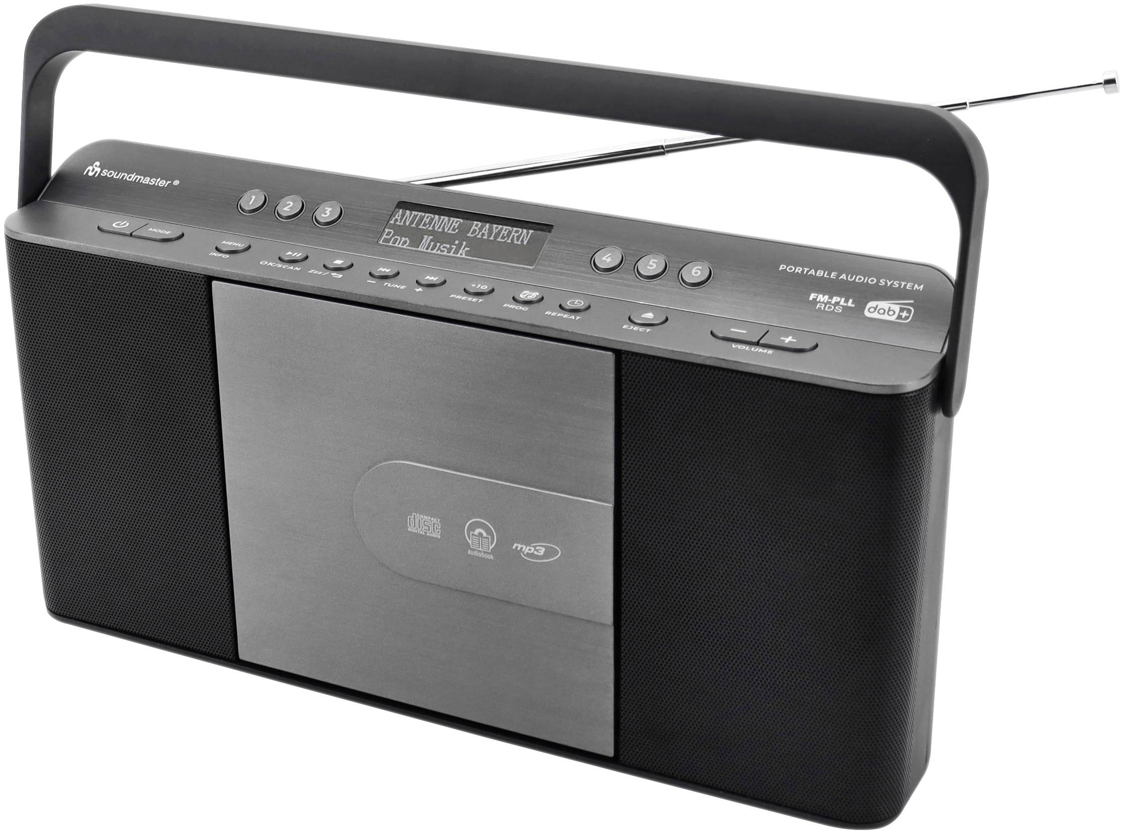 Black portable radio with silver-coloured speaker area, multiple buttons on the top surface and an extendable aerial.