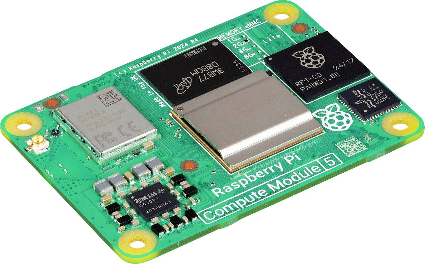 Raspberry Pi Compute Module 5 with various chips and connectors on a green circuit board, suitable for embedded applications.