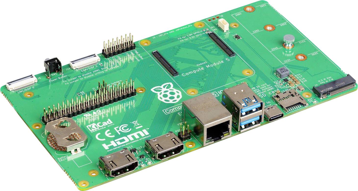 A green motherboard with various ports such as HDMI, USB, and Ethernet. It features the Raspberry Pi logo in the centre.