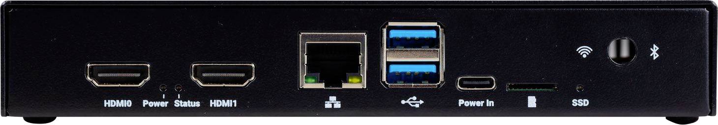 The back panel of a technical device with connections: two HDMI ports, Ethernet, four USB ports, power socket, SSD slot, along with Wi-Fi and Bluetooth symbols.