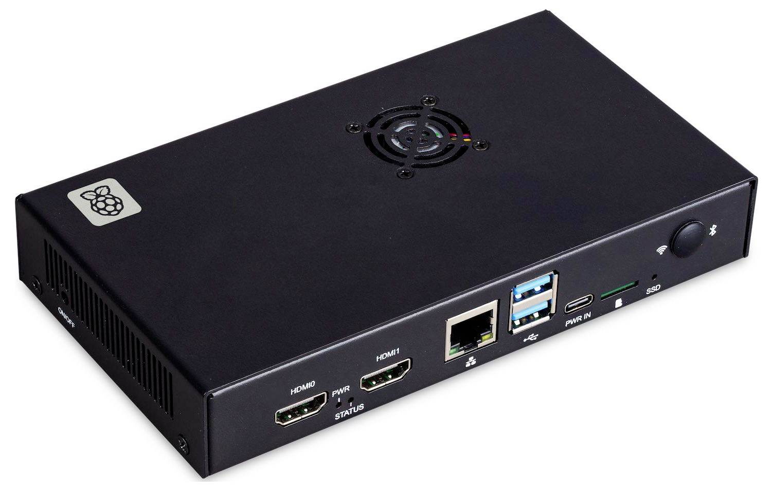 Black electronic device with multiple ports, including two HDMI, two USB, Ethernet and power connection, with a fan and Raspberry Pi logo.
