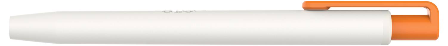 A white ballpoint pen with an orange clip lies horizontally.