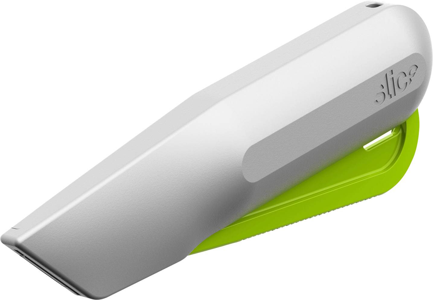 A handy cardboard cutter with a grey housing and green handle.