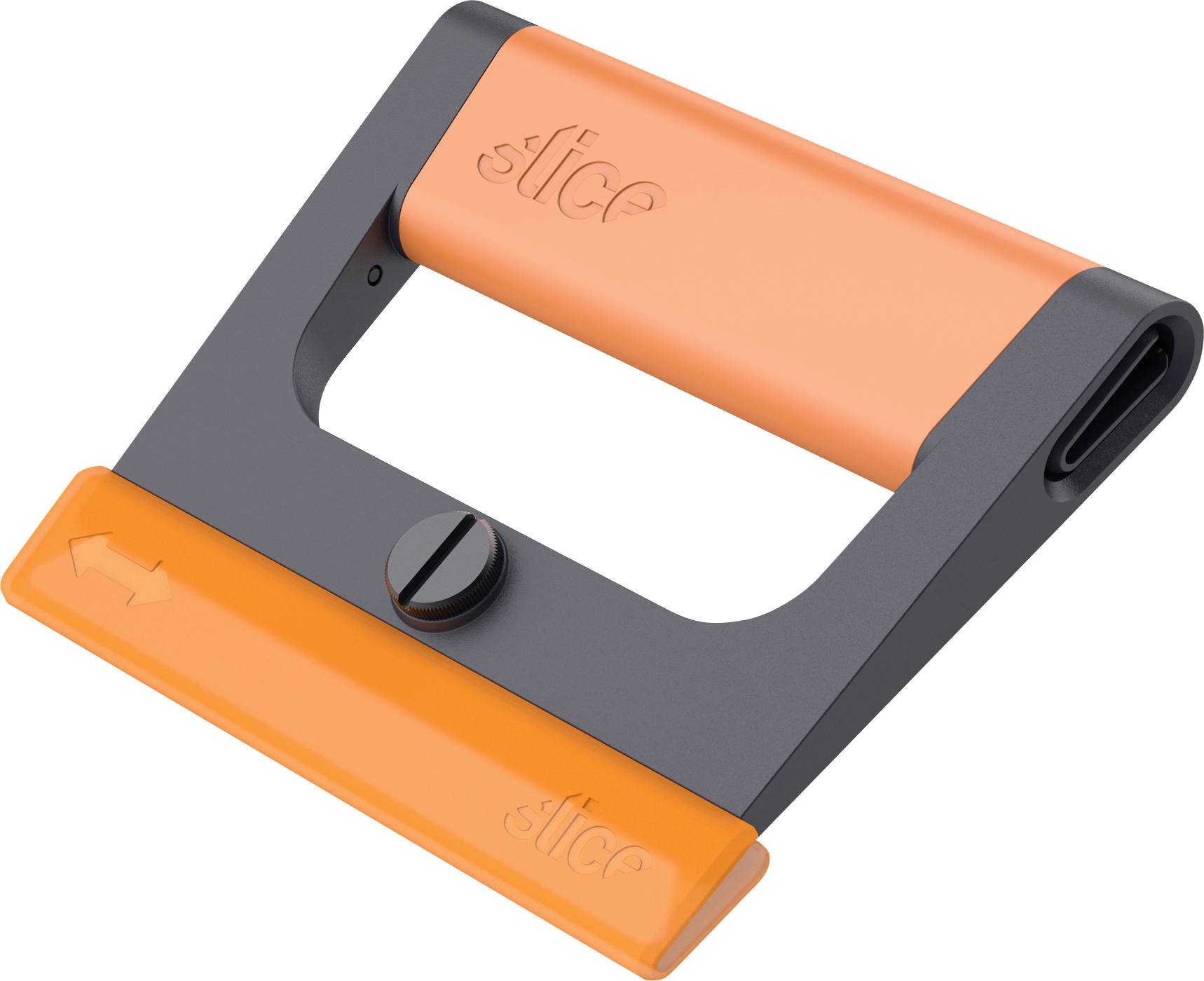 An orange and black cutting tool with an ergonomic handle and safety blade. Ideal for safely cutting cardboard.