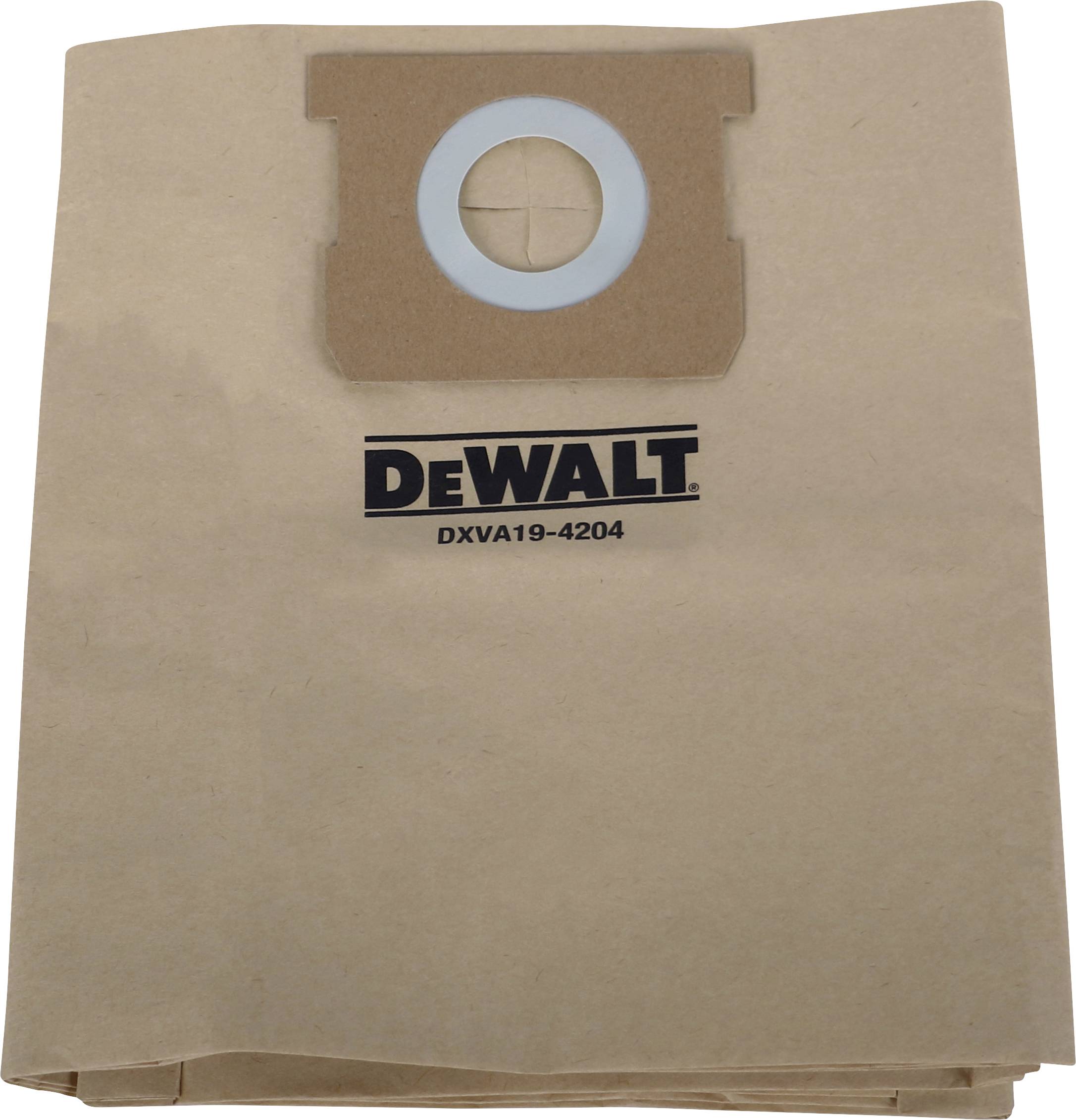 DeWalt vacuum cleaner bags, model DXVA19-4204, made of brown paper with a blue seal.
